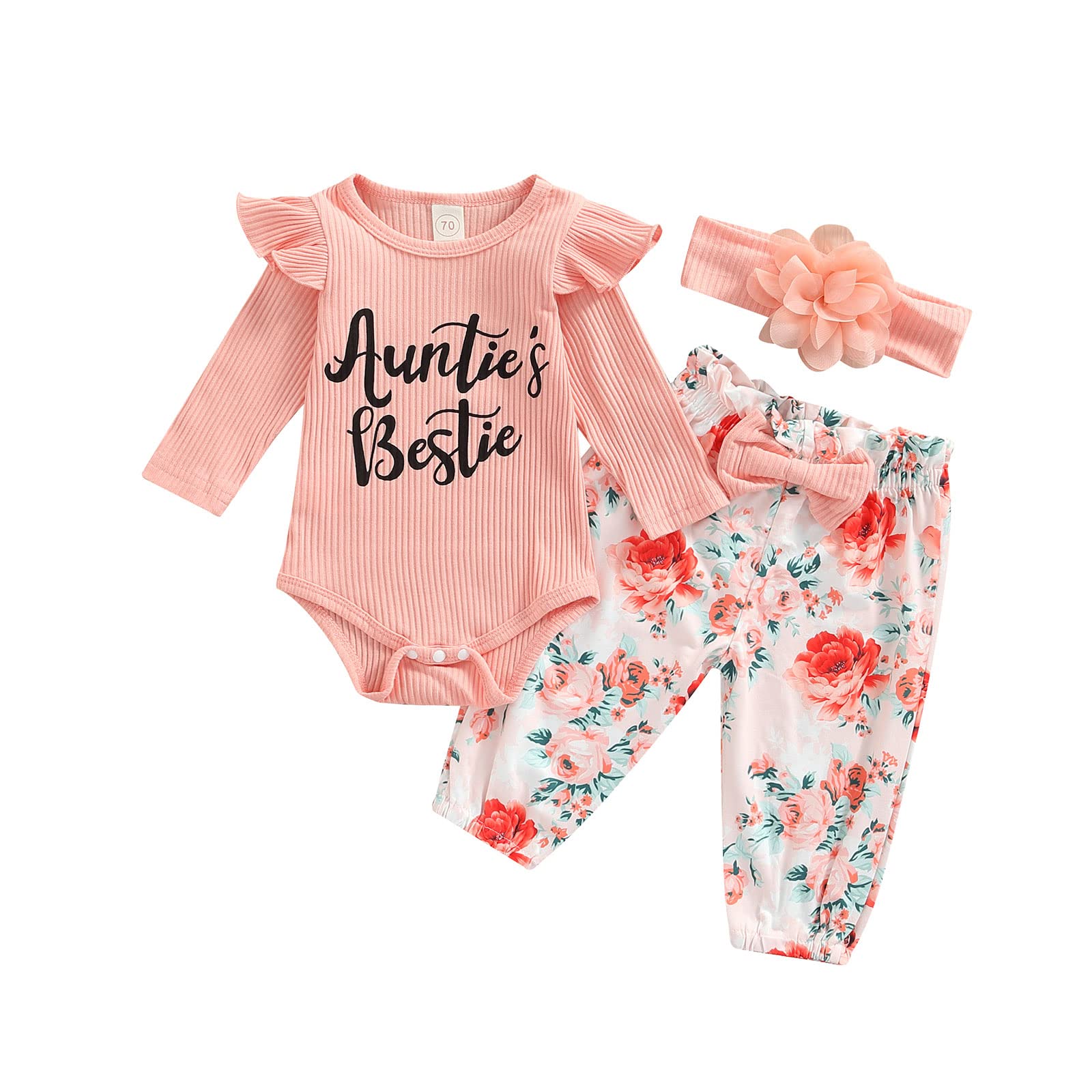Newborn Baby Girl Outfit Set - Floral Daisy Romper, Pants & Headband with 'Auntie' Letter Print | Perfect for Photoshoots, Gifts & Special Occasions