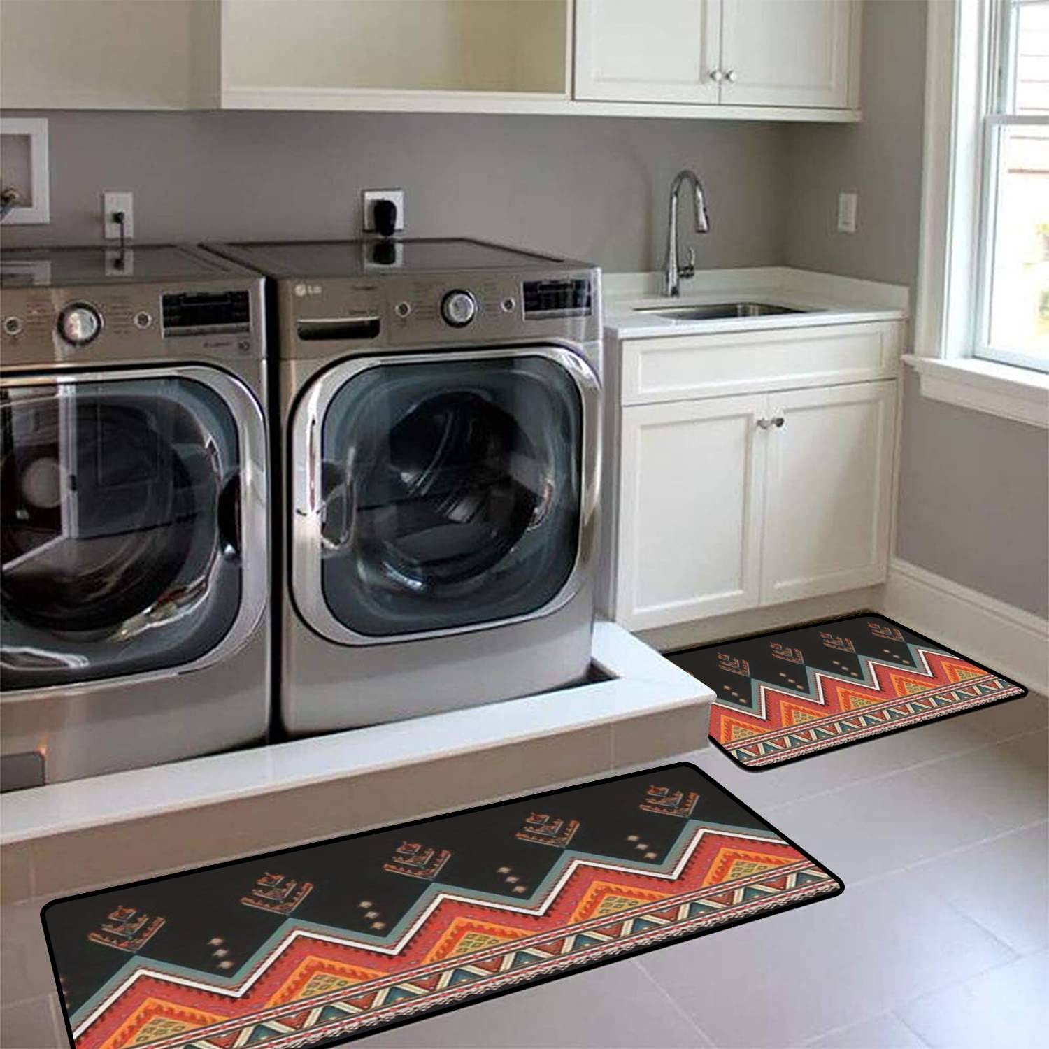 Non-Slip Washable Kitchen Rugs Set - Ethnic Abstract Tribal Embroidery Design - Mexican Style Floor Mat for Kitchen, Bathroom & Entryway - Comfort Standing Mats for Home Decor & Safety
