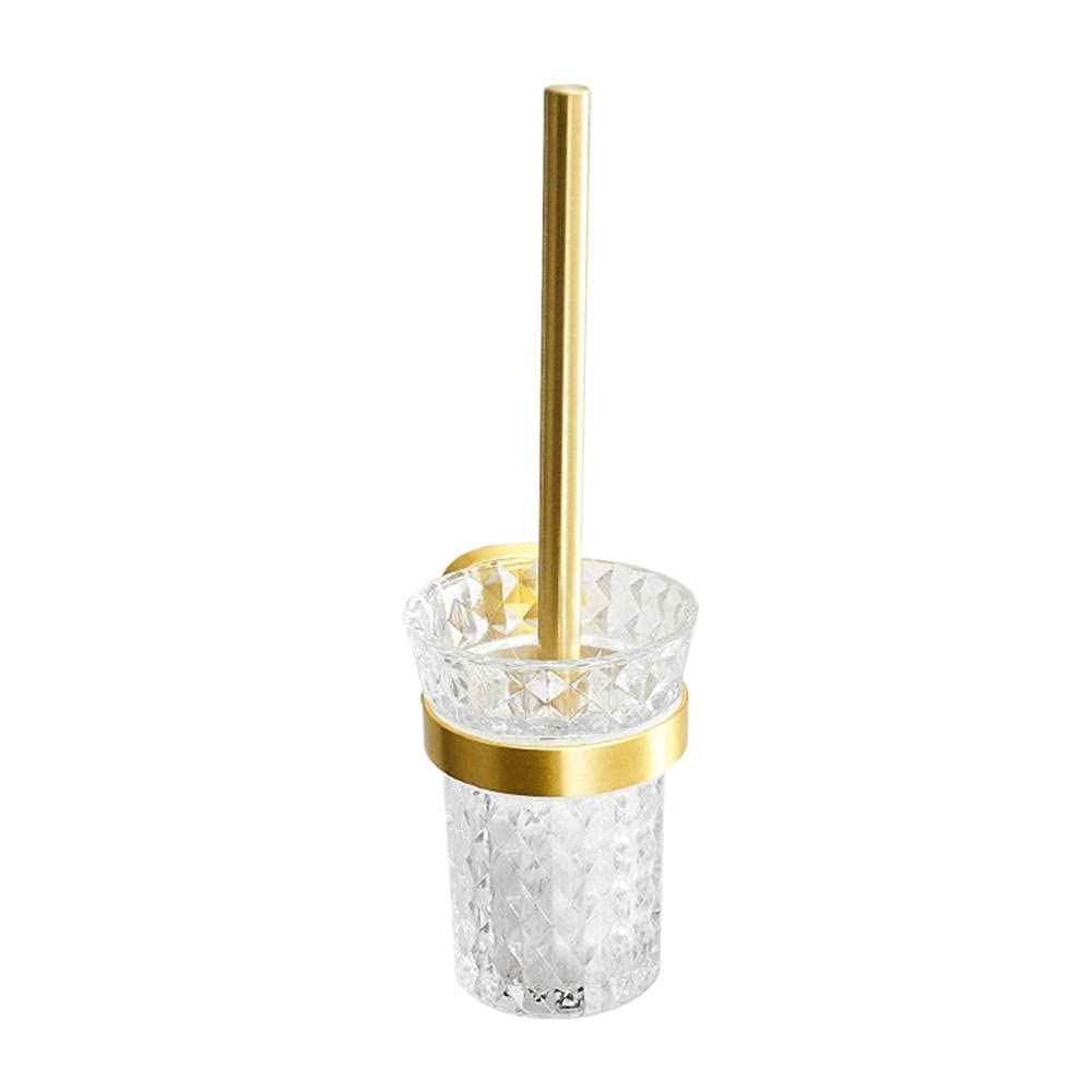 Stainless Steel Toilet Brush with Wall Mount Holder - No Drill Bathroom Cleaning Brush Set for Toilet Bowl, Long Handle Durable Aluminum/Glass Base - Gold (Perfect for Small Bathrooms & RVs)
