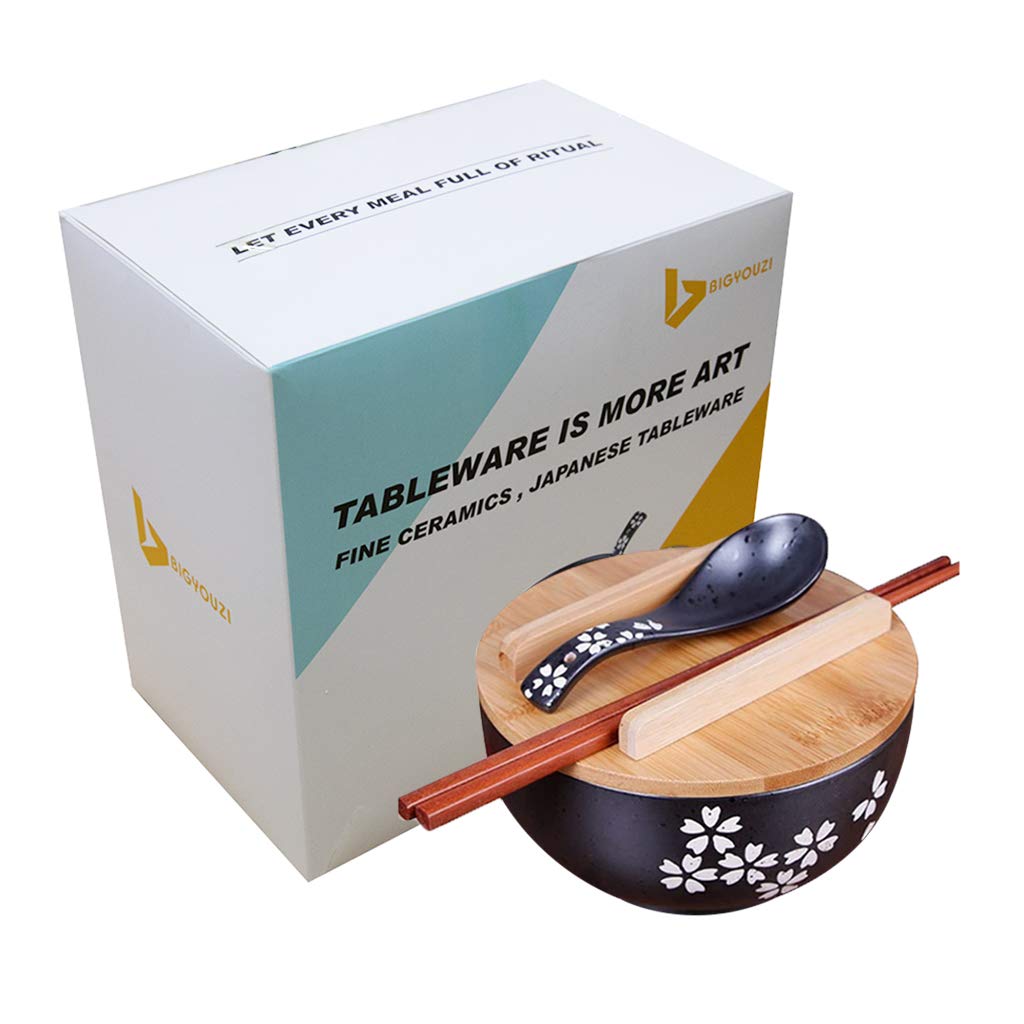 Premium Japanese Ramen Noodle Bowl Set - Black Rice Bowls with Lid, Spoon & Chopsticks - Perfect for Asian Noodles, Soups, and Home Dining