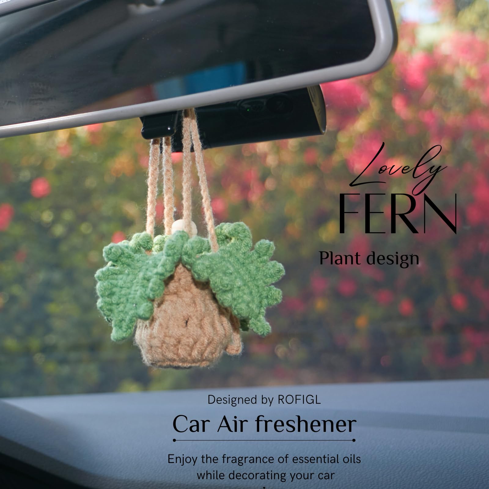 Handmade Crochet Car Air Freshener - Bendable Fern Plant with 8ml Refillable Essential Oil Diffuser | Car Rearview Mirror Hanging Decor, Home & Office Aromatherapy | Perfect for Gifts, Vehicle Accessories, and Relaxation Spaces