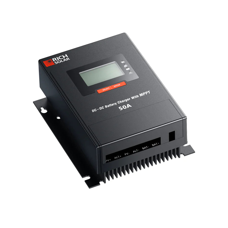 Rich Solar 50 Amp MPPT DC to DC Lithium Battery Charger for RVs, Boats & Off-Grid Solar Systems - Fast Alternator Charging Solution