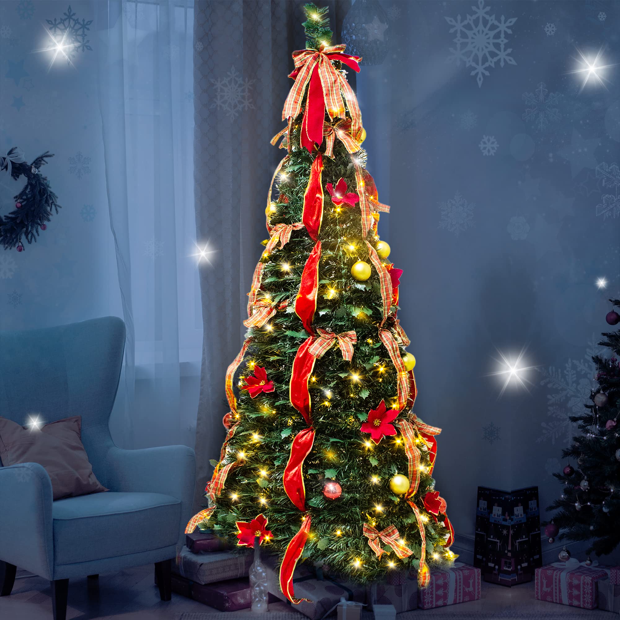 6FT Pre-Lit Pop-Up Christmas Tree with Red Ribbon Bow & Sparkling Ball Ornaments - Indoor/Outdoor Artificial Holiday Decor for Living Room, Porch, Office & Party Decorations