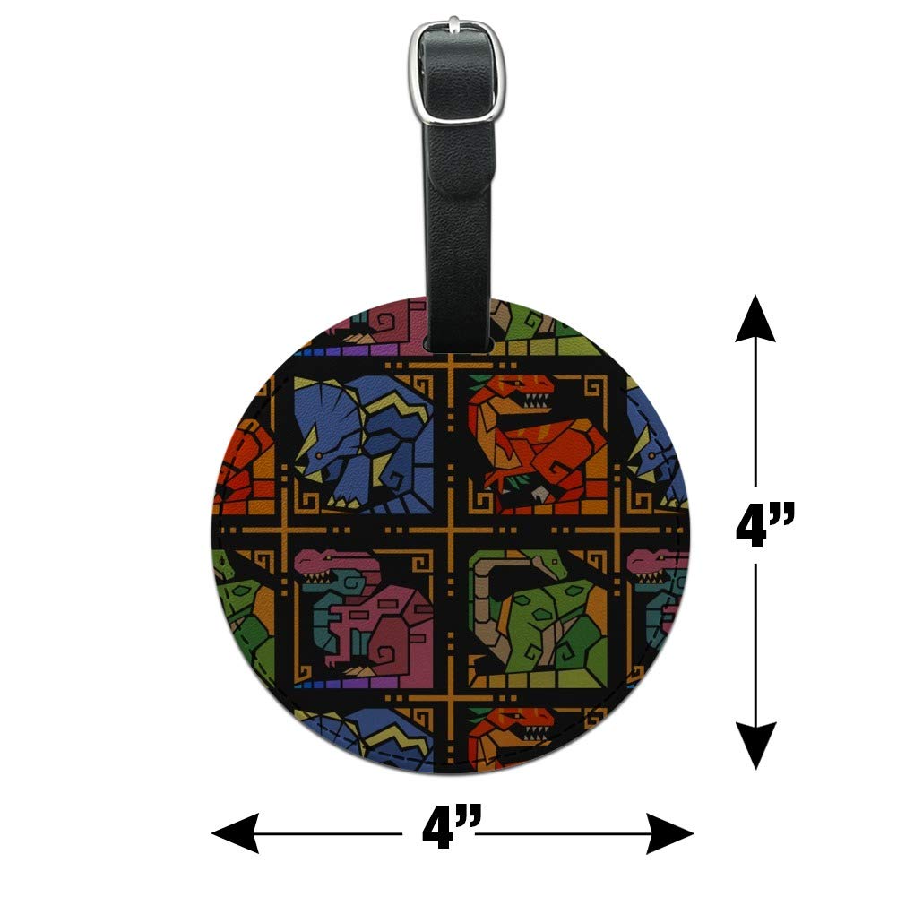 Aztec Mayan Style Geometric Dinosaur Leather Luggage Tag - Round ID Card Holder for Travel Bags, Suitcases & Backpacks - Perfect for Vacation, Business Trips & Adventure Travel