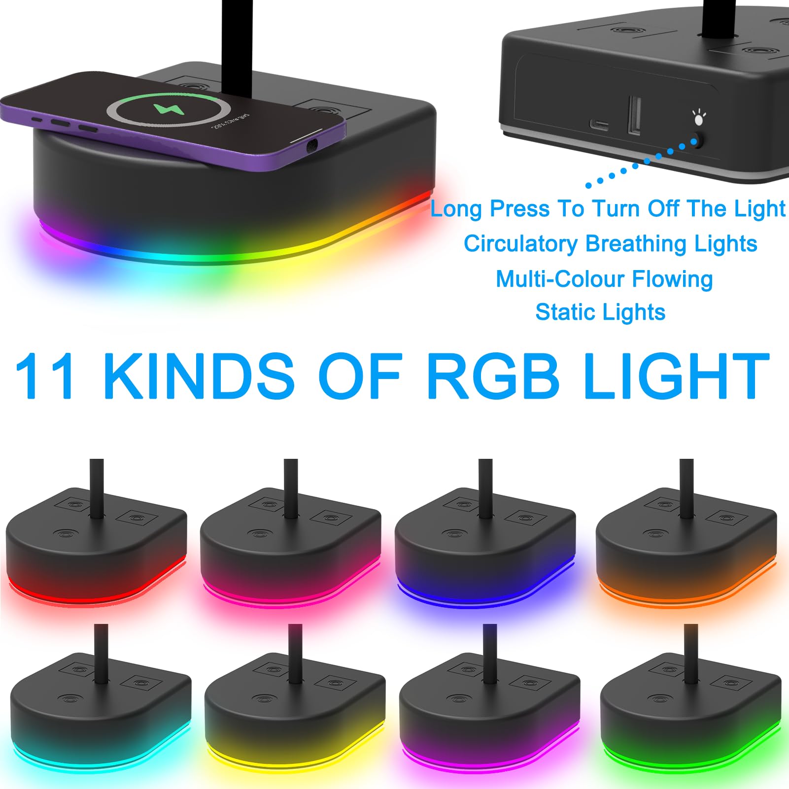 Premium RGB Gaming Headphone Stand with 15W Fast Wireless Charger & USB Port - Qi-Certified Headset Holder for Desk, PC Setup - Perfect for Gamers, Streamers & Office Use (Black)