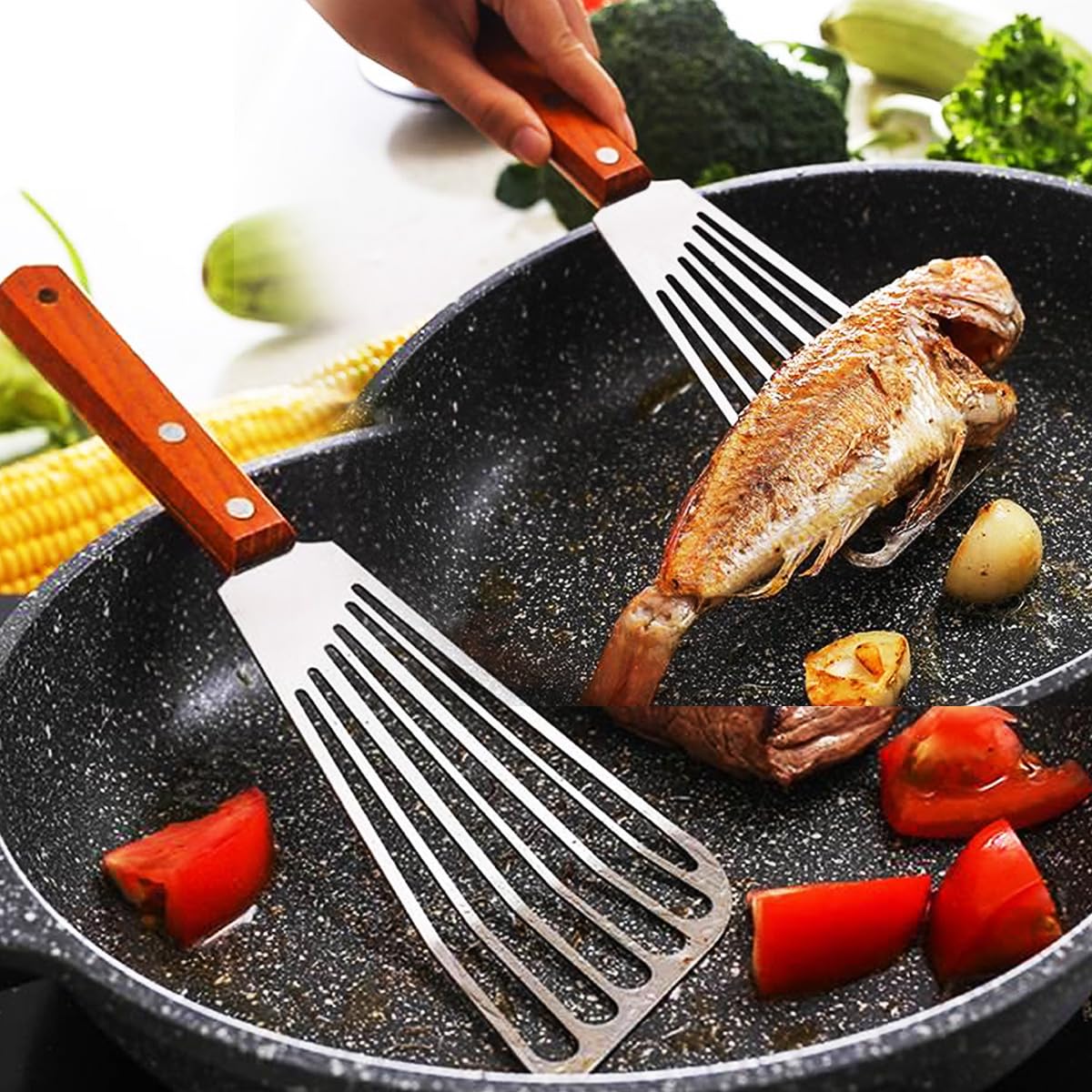 Stainless Steel Spatula Set - 3-Piece Metal Spatulas with Wooden Handle for Cooking, BBQ, Grilling & Cast Iron Skillets - Perfect for Flipping Pancakes, Burgers, Fish & More | Durable Kitchen Utensils for Home & Professional Use