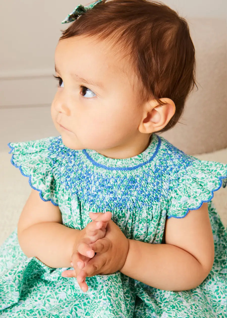 Adelaide Floral Hand Smocked Sleeveless Dress with Bloomers - Green Baby Girl Outfit for 3 Months to 3 Years | Perfect for Spring Photoshoots, Easter Sunday & Special Occasions