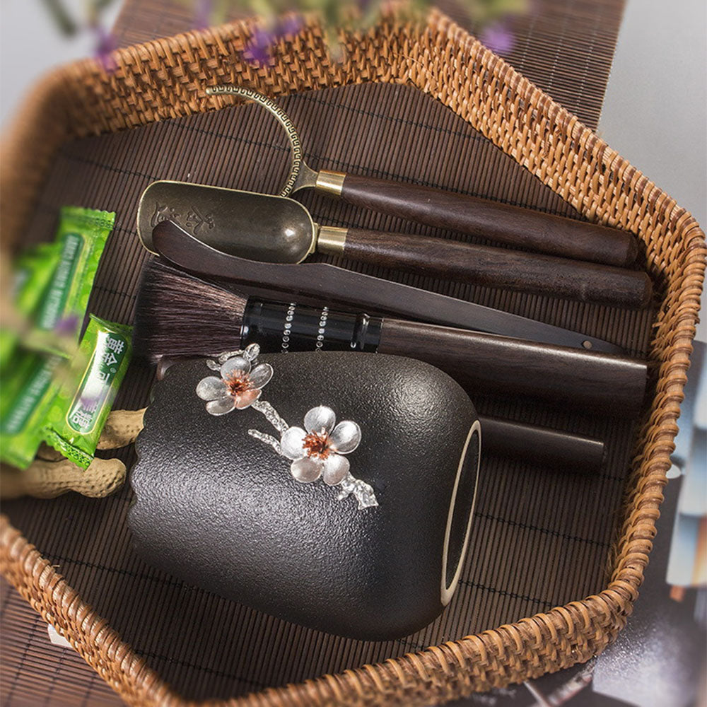 Premium Ebony Wood Tea Set with Ceramic Plum Blossom Tea Holder - Traditional Chinese Tea Ceremony Accessories for Home & Office Tea Time