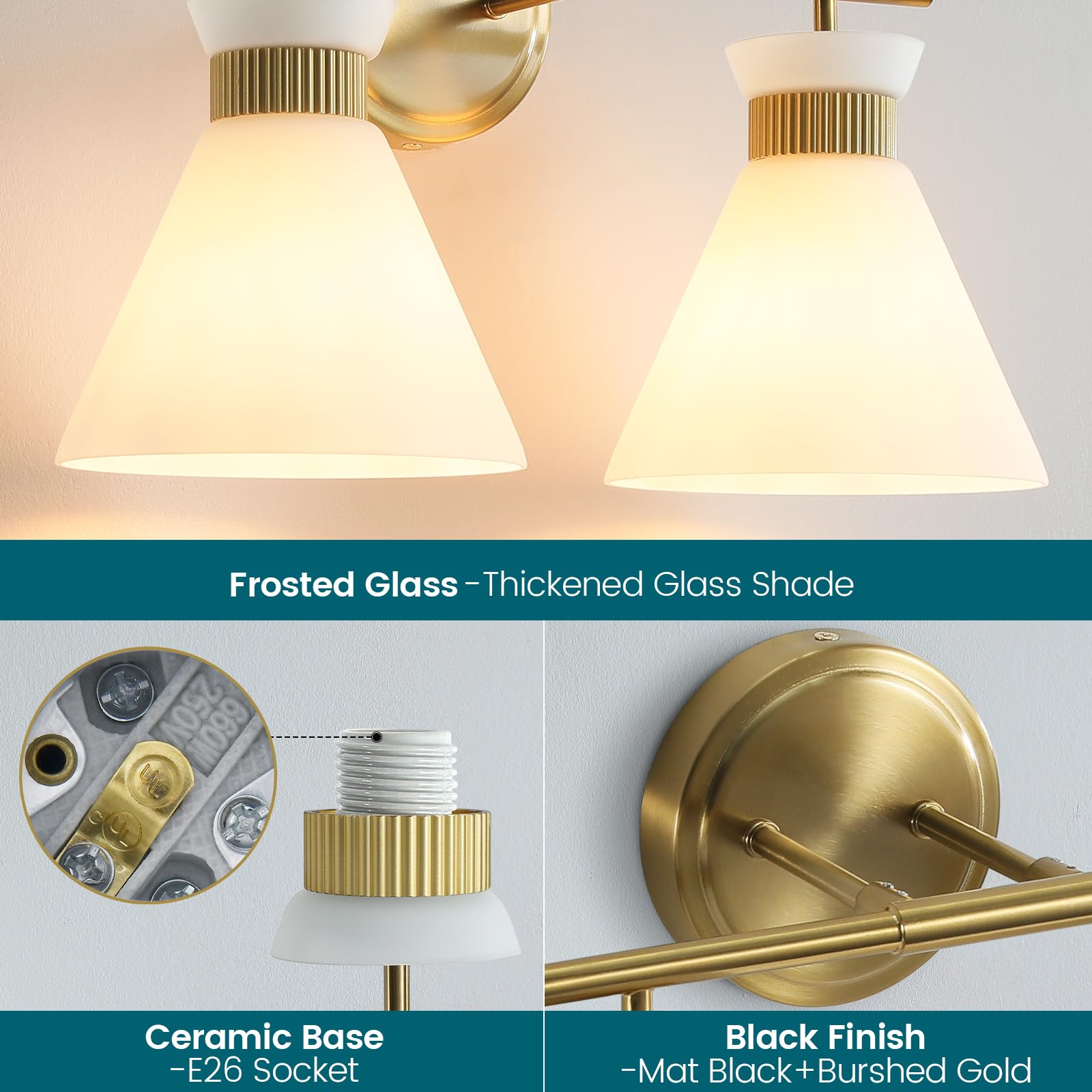 WOSHITU Mid Century Modern Bathroom Vanity Light Fixtures - 2 Light Brass Gold Wall Sconce with Frosted Milky Glass for Mirror Lighting | Perfect for Bathroom, Bedroom & Hallway Décor