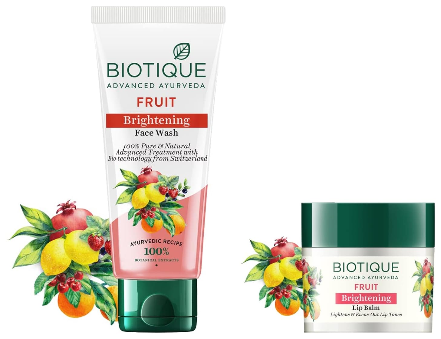 Biotique Bio Fruit Whitening & Brightening Lip Balm 12g & Face Wash 100ml - Natural Skincare for Glowing Lips & Clear Skin - Perfect for Daily Beauty Routine & Travel Essentials