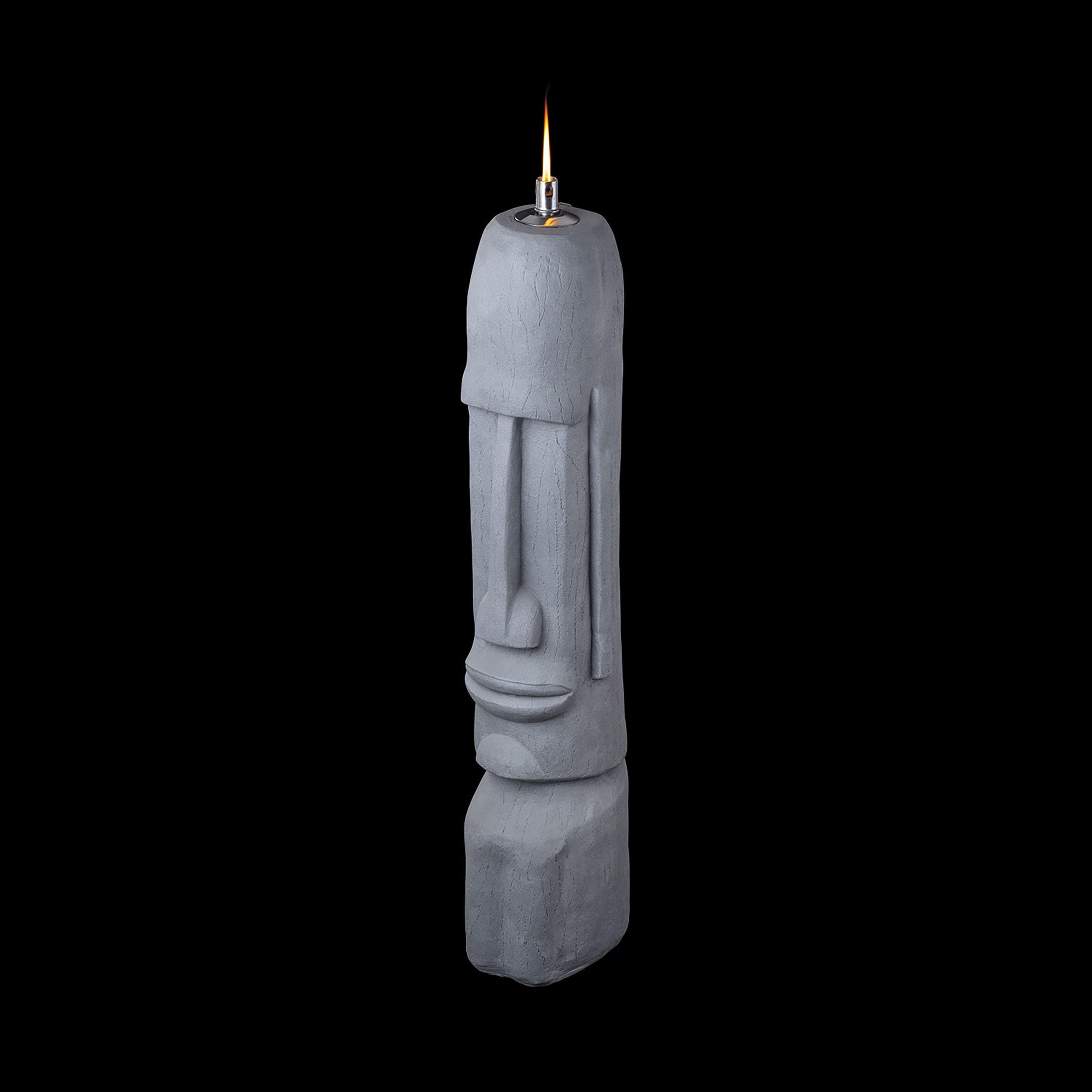 Alpine Corporation DIG282 Gray Cement Moai Head Oil Torch Lamp - Outdoor Tiki Statue for Patio, Garden, and Poolside Decor