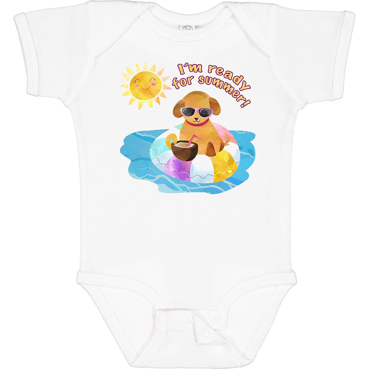 Inktastic 'I'm Ready for Summer' Puppy in Pool with Drink Baby Bodysuit - Cute Infant Onesie for Beach, Pool & Summer Outings