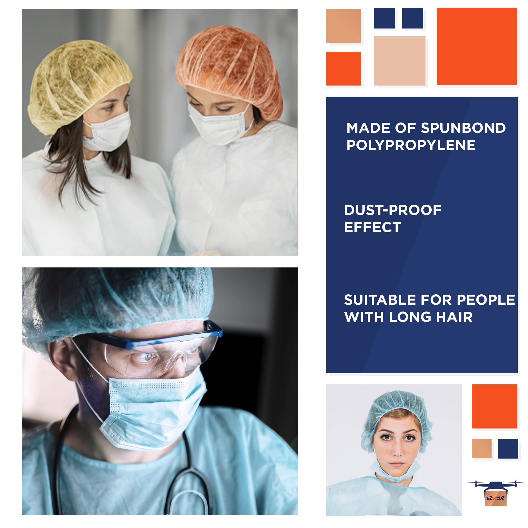 EZGOODZ Disposable Bouffant Caps - 100 Pack Non-Woven PP Hair Covers with Elastic Band, Breathable Unisex Surgical Caps for Medical, Food Service & Salon Use