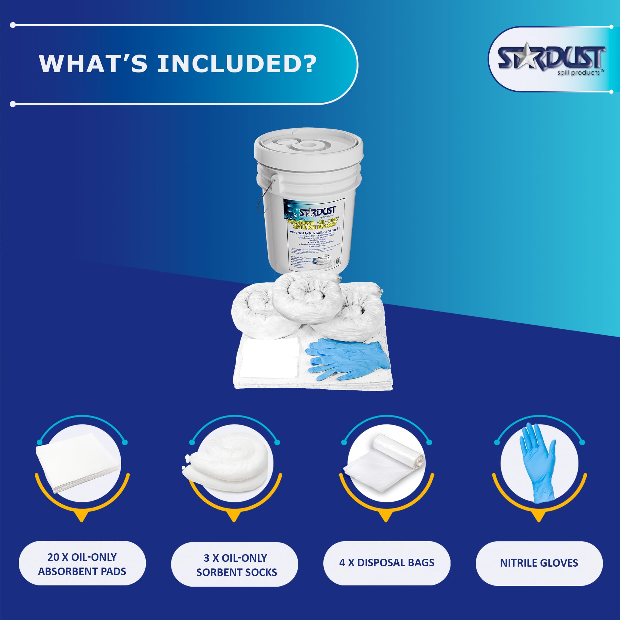 OSHA Approved Stardust Spill Products D905P Oil Spill Kit - Portable Bucket with 20 Oil Absorbent Pads, 3