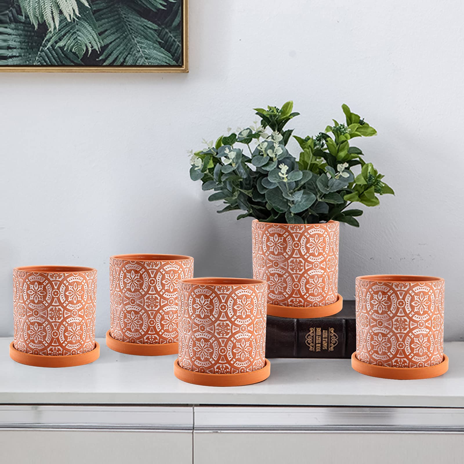2 Pack Terracotta Plant Pots - 5 Inch Red Clay Planter with Drainage Hole & Saucer - Ceramic Flower Pot for Cactus, Succulents, Herbs - Indoor Outdoor Garden Decor for Home, Office, Balcony