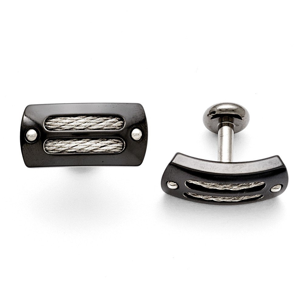 Luxury Titanium & Sterling Silver Black Polished Cufflinks with Cable Inlay - Perfect for Weddings, Business Attire & Formal Occasions