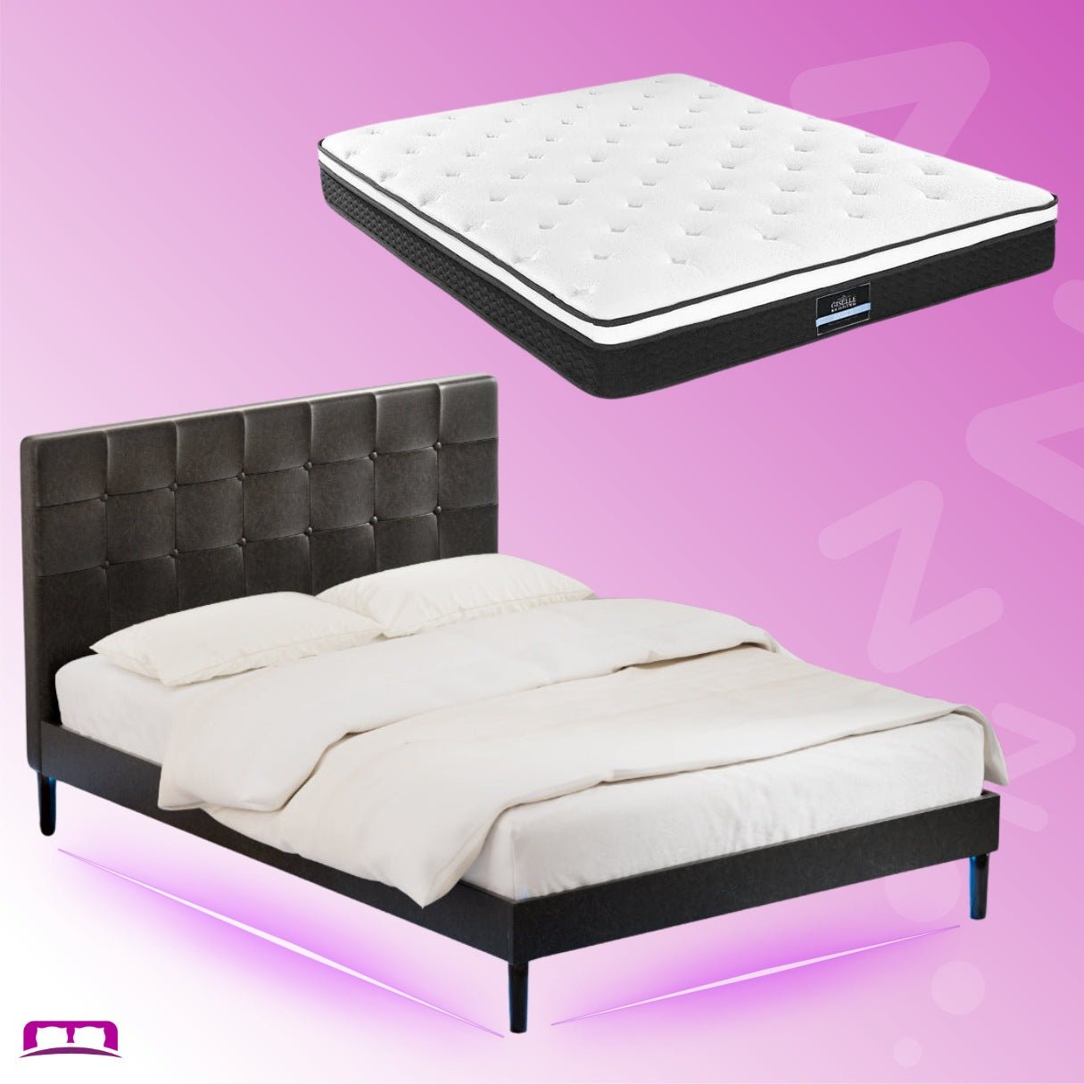 Double Package: Manly LED Bed Frame in Black & Bonita Pillow Top Medium Firm Mattress - Modern Bedroom Set for Adults with Ambient Lighting