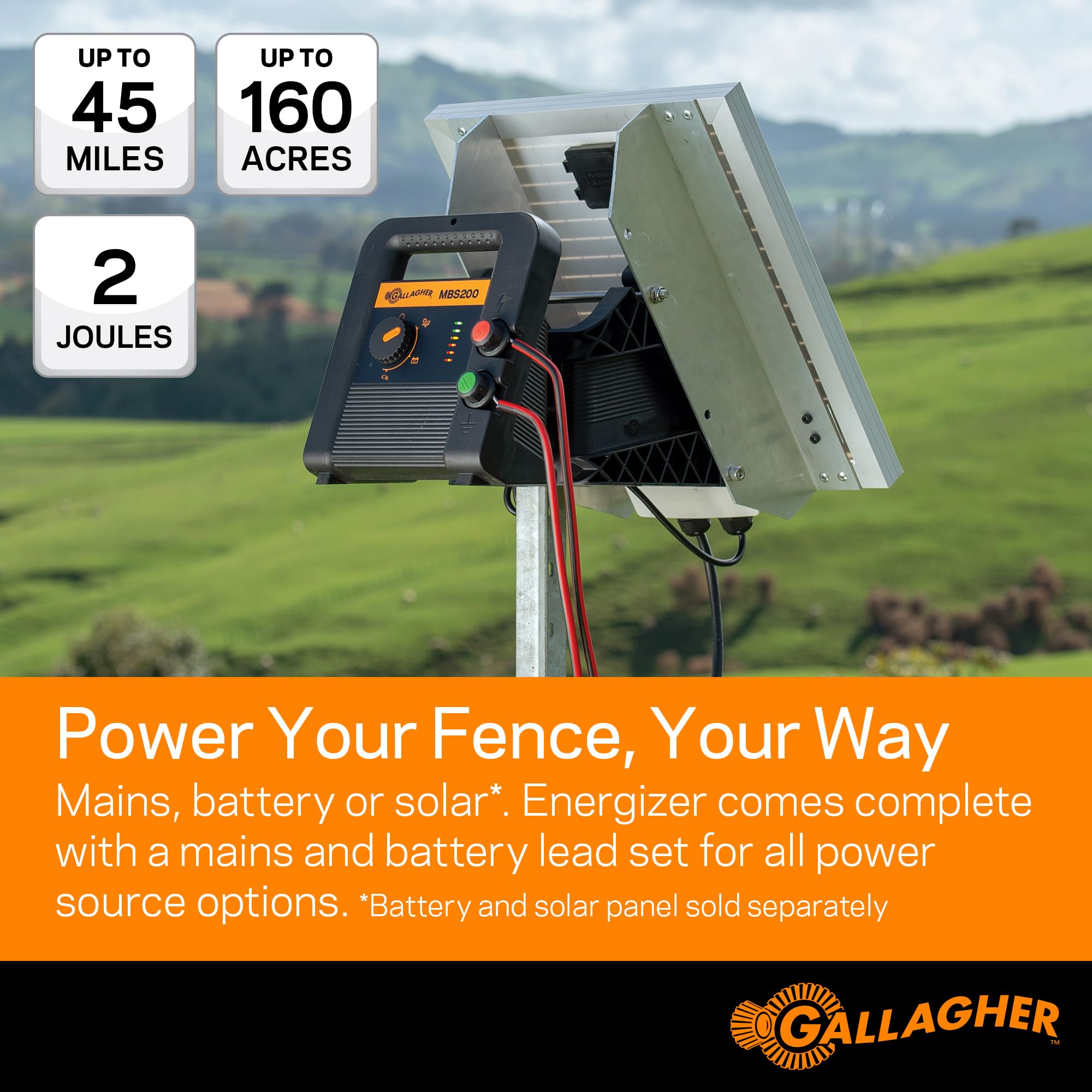 Solar Powered Electric Fence Charger with Battery - 90 Acre Coverage & 2.0 Joules Output for Livestock Security and Farm Protection | Ideal for Cattle, Horses, and Agricultural Land Safety