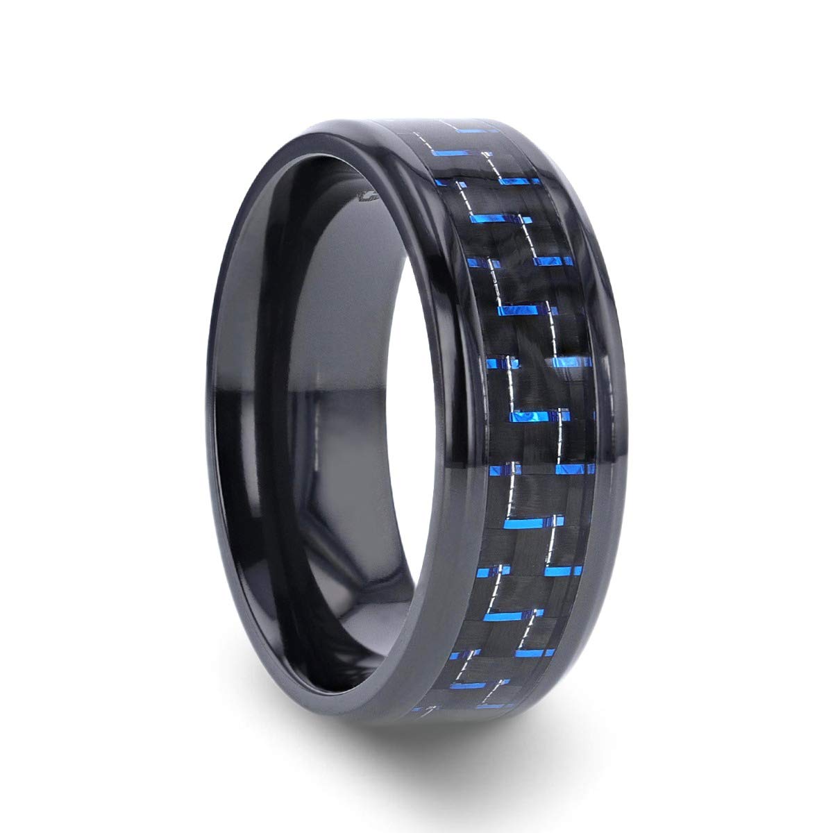 Zayden Men's Black Titanium Ring with Blue & Black Carbon Fiber Inlay - 8mm Comfort Fit Wedding Band for Men, Durable Beveled Edge Titanium Ring for Everyday Wear, Anniversary Gift, Engagement Ring