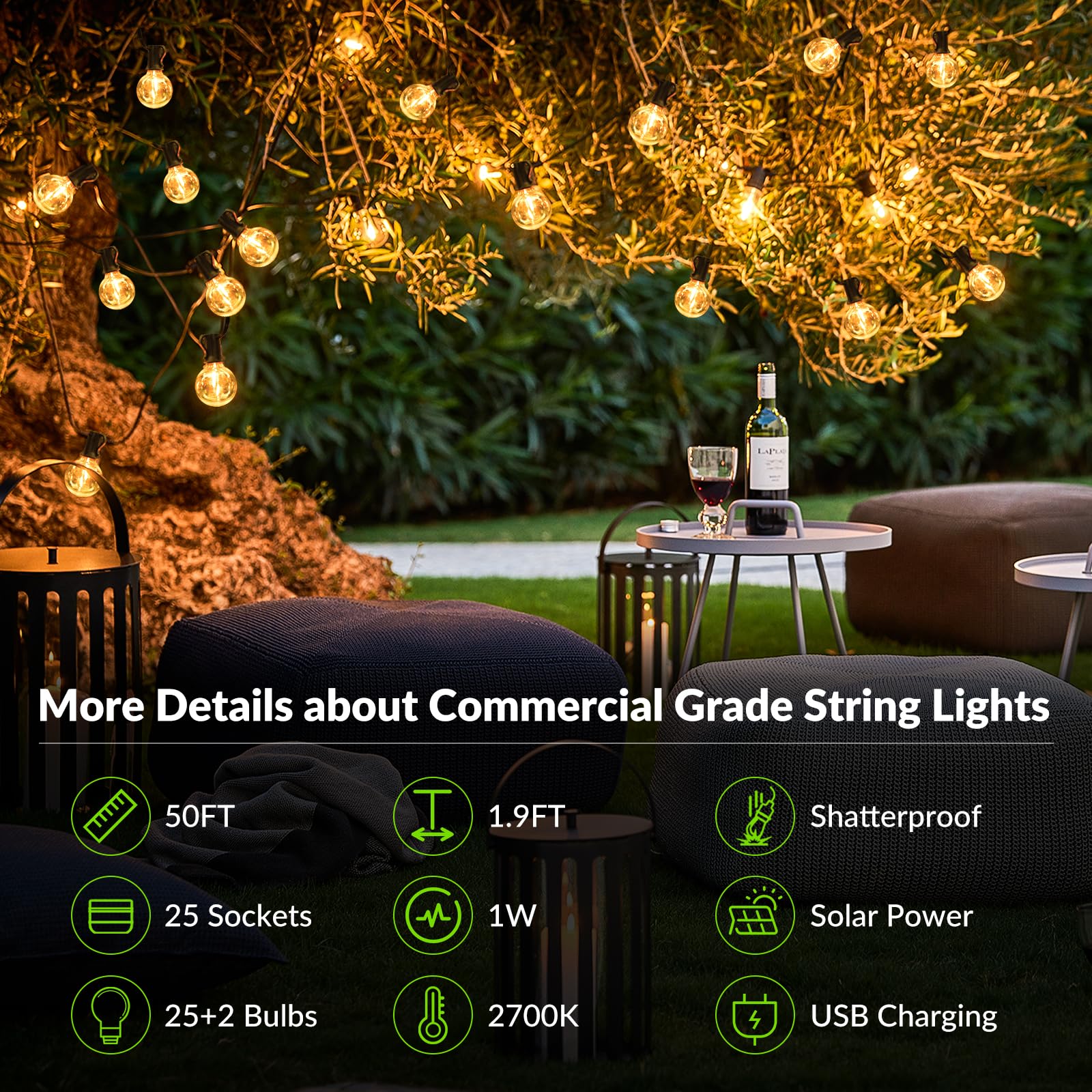 50FT Solar String Lights Outdoor Waterproof - 27 G40 Shatterproof E12 Bulbs, 2700K Warm White LED Solar Powered Lights for Patio, Garden, Backyard, Porch Decor | Perfect for Parties, Weddings & Outdoor Gatherings