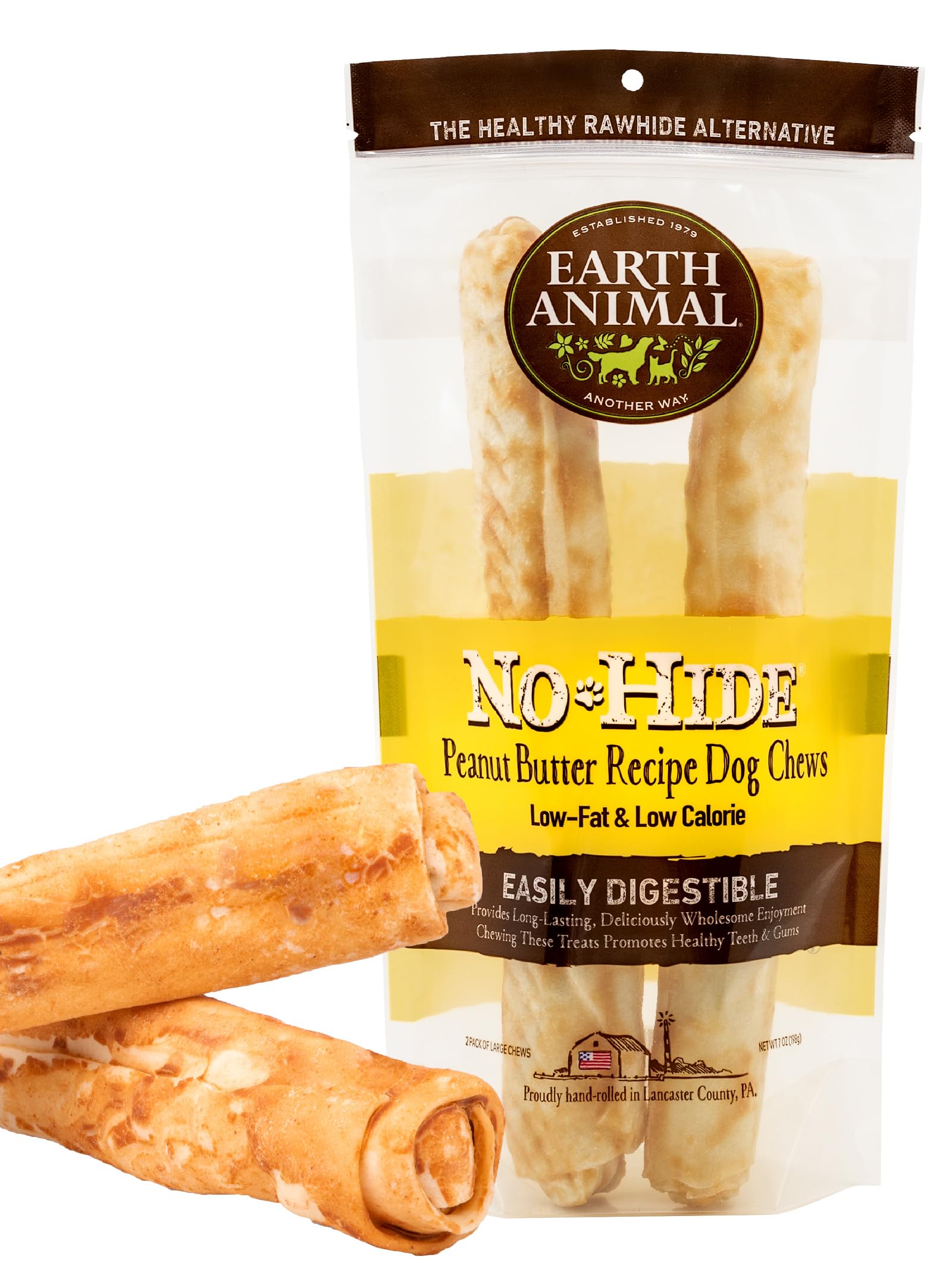 Earth Animal No Hide Large Peanut Butter Flavored Natural Rawhide-Free Dog Chews - Long Lasting Dental Treats for Large & Aggressive Chewers | Healthy Digestible Alternative to Rawhide | Perfect for Training, Teething & Anxiety Relief (1 Pack)