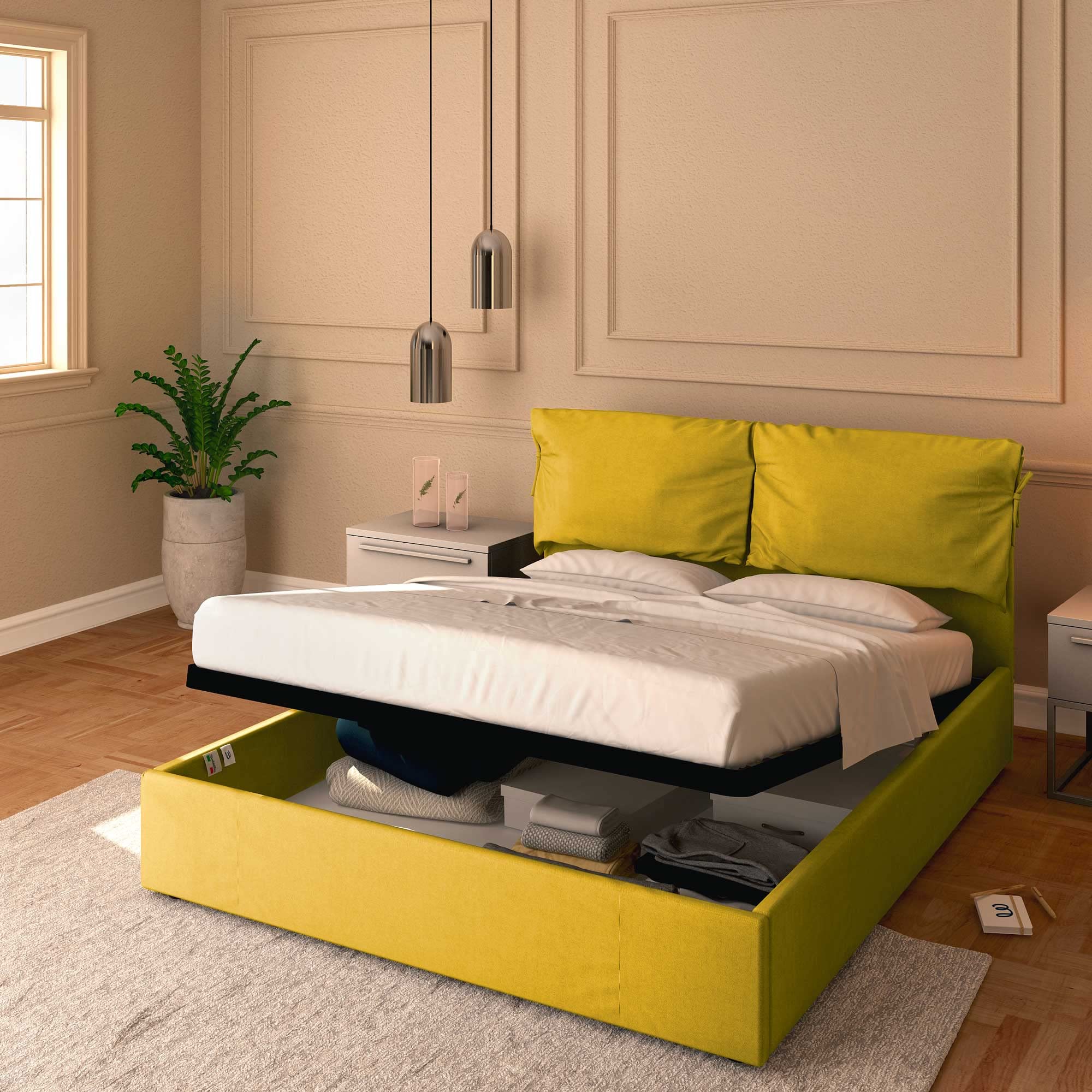 Baldiflex Licia Soft Fabric King Size Bed with Storage, Slatted Base for Single Mattresses, 180x200cm, Mustard Color - Perfect for Small Bedrooms & Guest Rooms