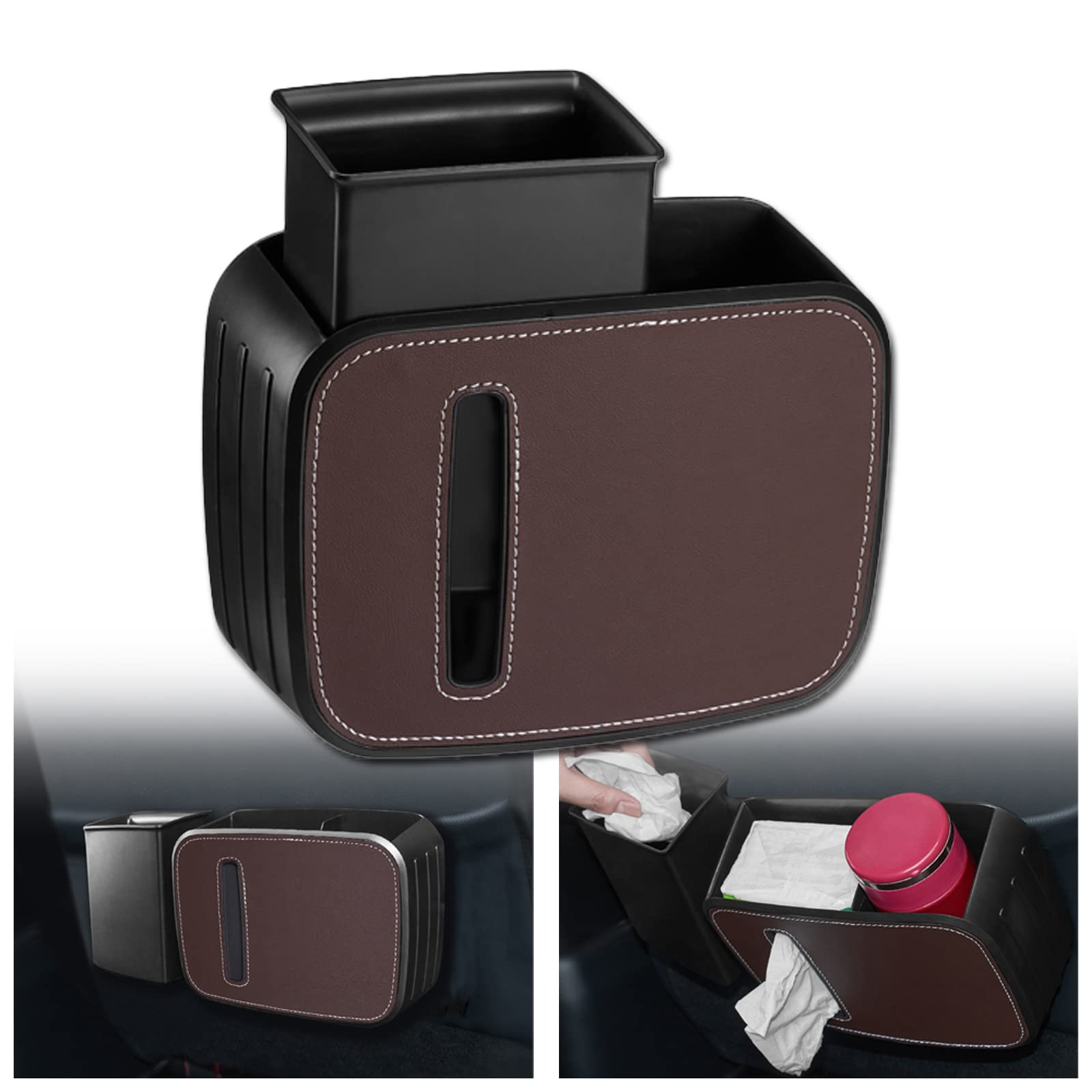 Multifunctional Car Backseat Organizer with Storage Box, Detachable Trash Can, Tissue Holder & Cup Holders - Brown Car Interior Accessories for Travel, Road Trips & Daily Commute | Perfect for Family Vacations, Work Commutes & Road Trips