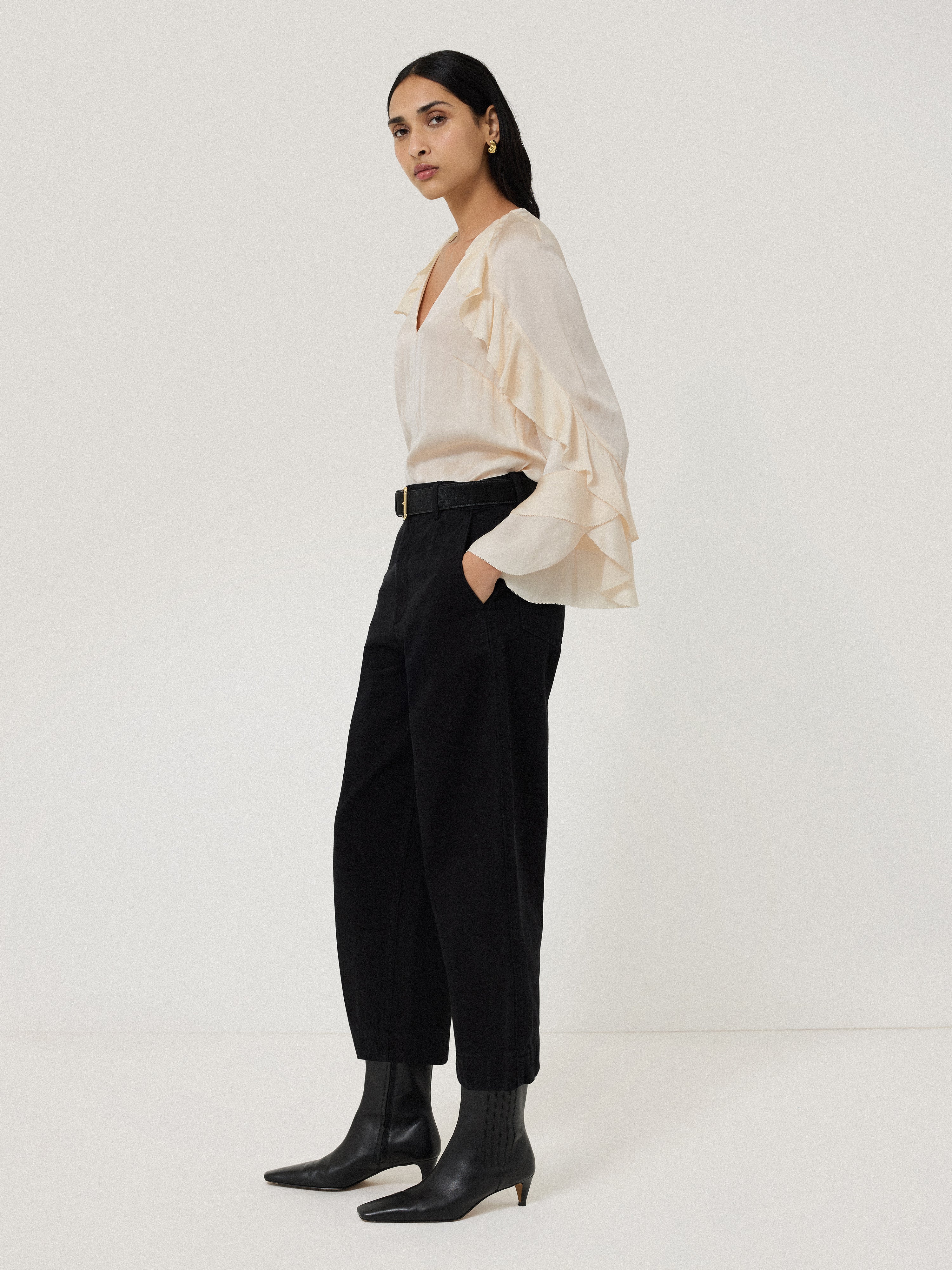 Eco-Friendly Recycled Satin Blouse with Flowy Frill Details in Ivory - Perfect for Casual Outings, Date Nights & Sustainable Fashion