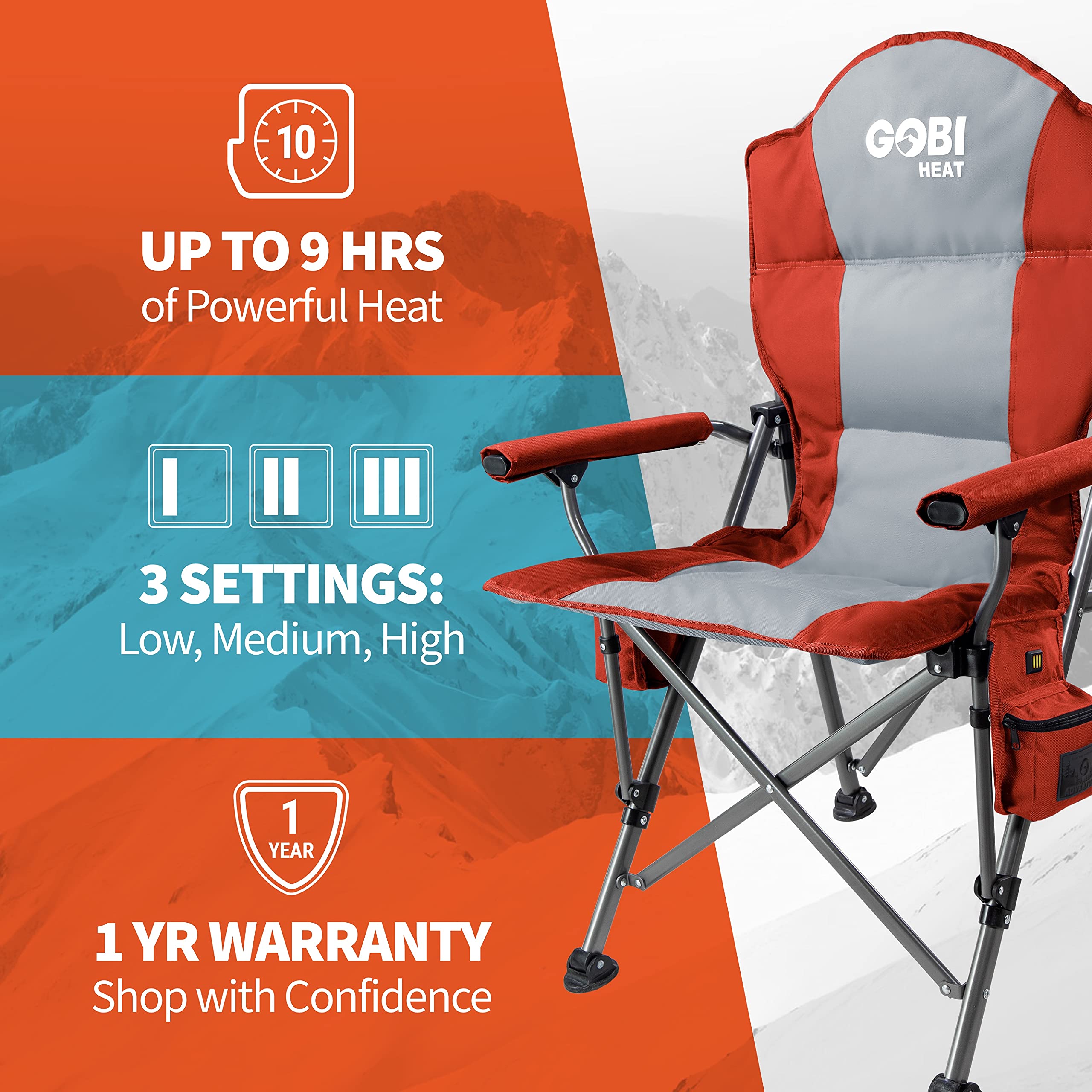 Gobi Heat - Portable Heated Camping Chair for Outdoor Adventures - Foldable Chair with Adjustable 3-Level Heating - Perfect for Winter Camping, Hunting, and Backyard Relaxation
