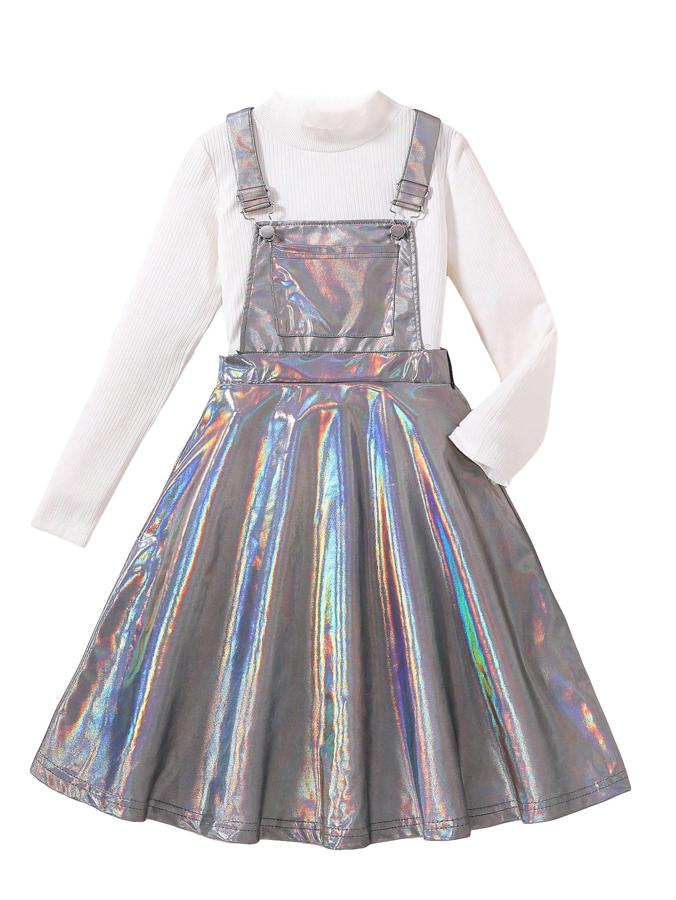 WDIRARA Girls Metallic High Waist Holographic Suspender Dress - Flared Party Outfit for Birthday, Holiday & Special Occasions