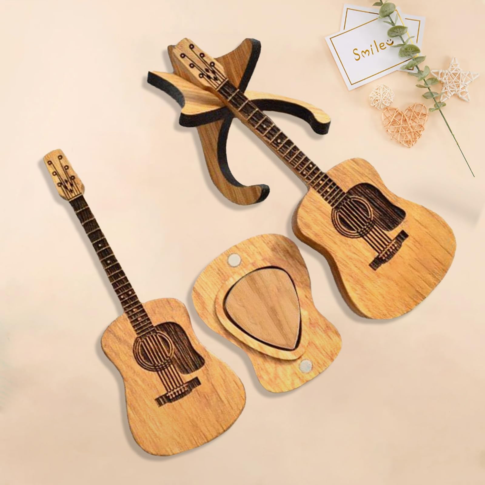 Premium Wooden Guitar Pick Box with 6 Engraved Wooden Picks - Compact Storage Case for Guitarists & Musicians - Perfect for Acoustic, Electric, Bass & Ukulele Players - Ideal for Travel, Practice & Gift Giving