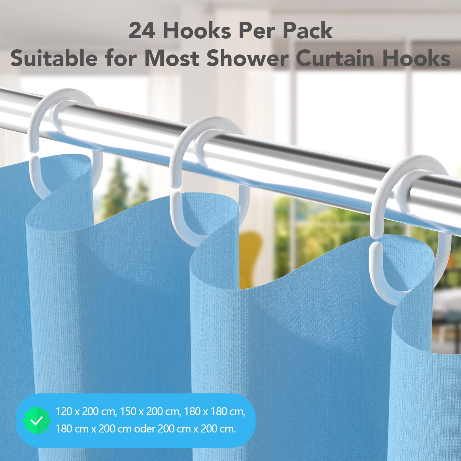 24-Pack White C-Shaped Plastic Shower Curtain Rings - Durable Bathroom Hooks for Shower Curtains & Window Rods - Perfect for Bathroom, RV, and Dorm Decor
