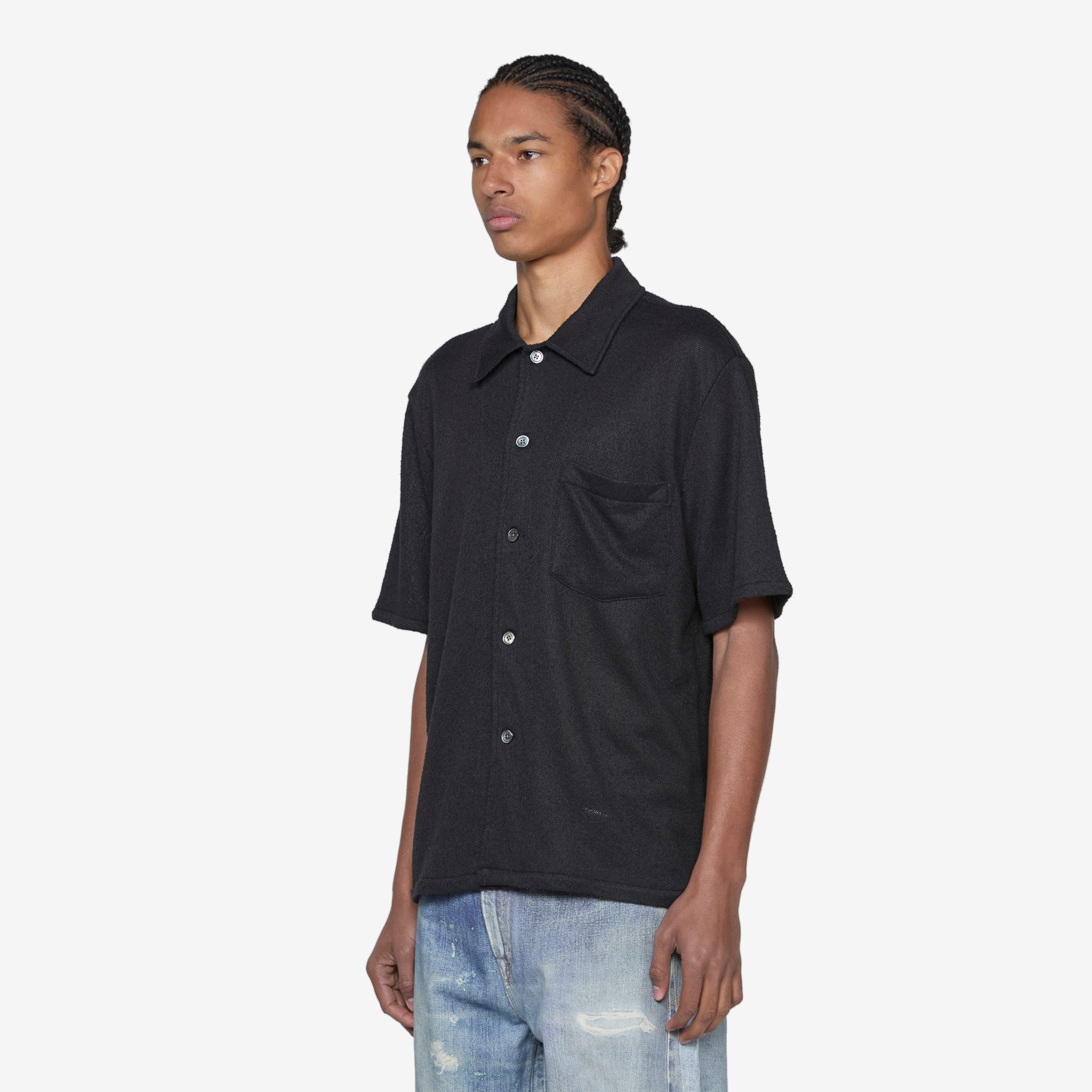Men's Black Boucle Box Short Sleeve Shirt - Casual Summer Wear for Office & Outdoor Activities