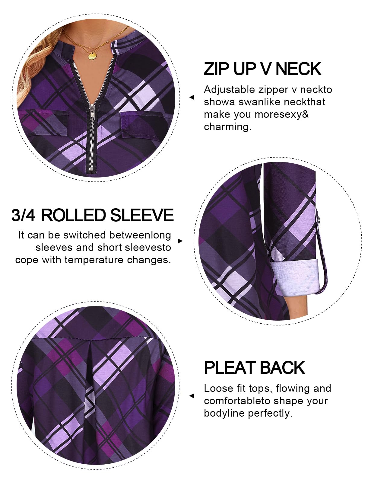 Stylish Tanst Sky Women's Casual Long Sleeve Zipped V-Neck Plaid Tunic Blouse | Perfect for Work, Office & Everyday Wear