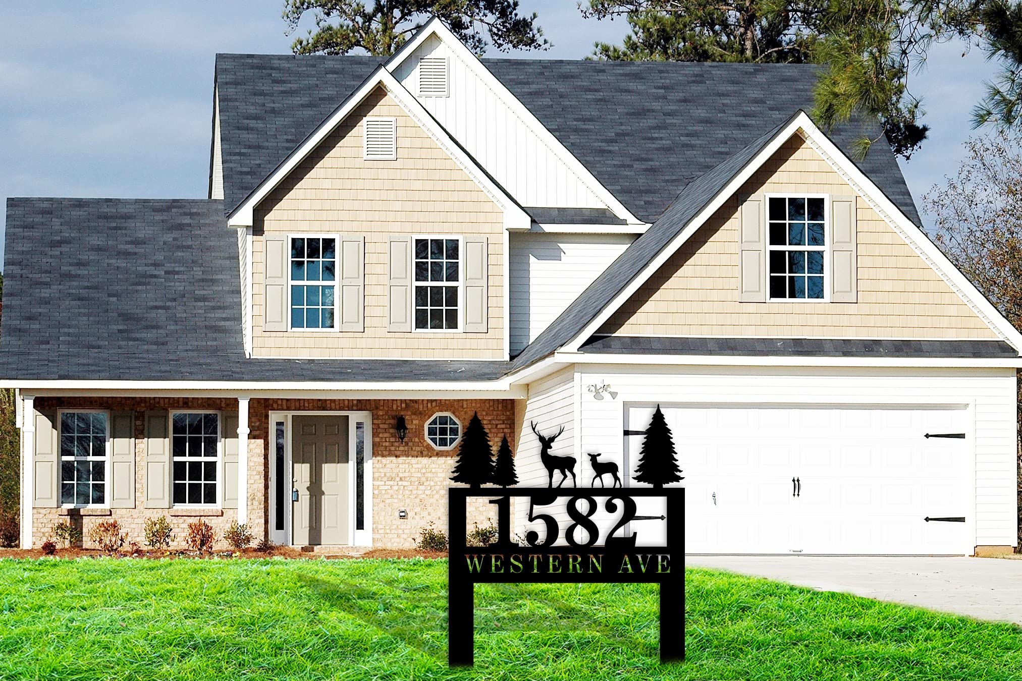 Personalized Modern Metal House Numbers for Outside - Custom Address Plaque with Deer & Stakes - Durable Yard Sign for Home, Garden & Mailbox Decoration