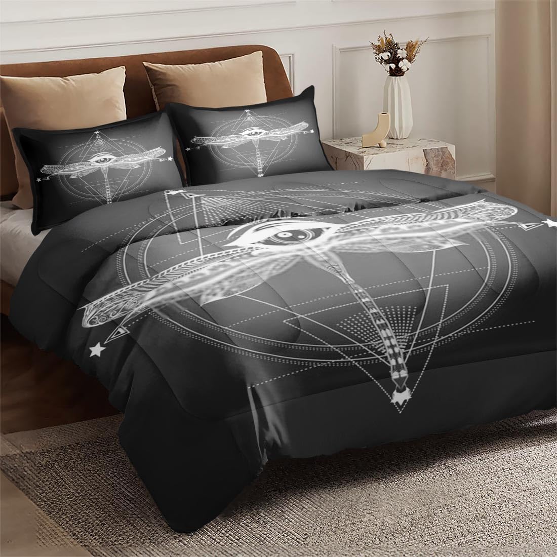 Queen Size Comforter Set - Geometric Dragonfly Butterfly Diamond Soft Bedding for Kids & Adults | Bohemian Mexican Style with 2 Pillowcases | Perfect for Bedroom Decor, Guest Rooms & Bohemian Themed Spaces