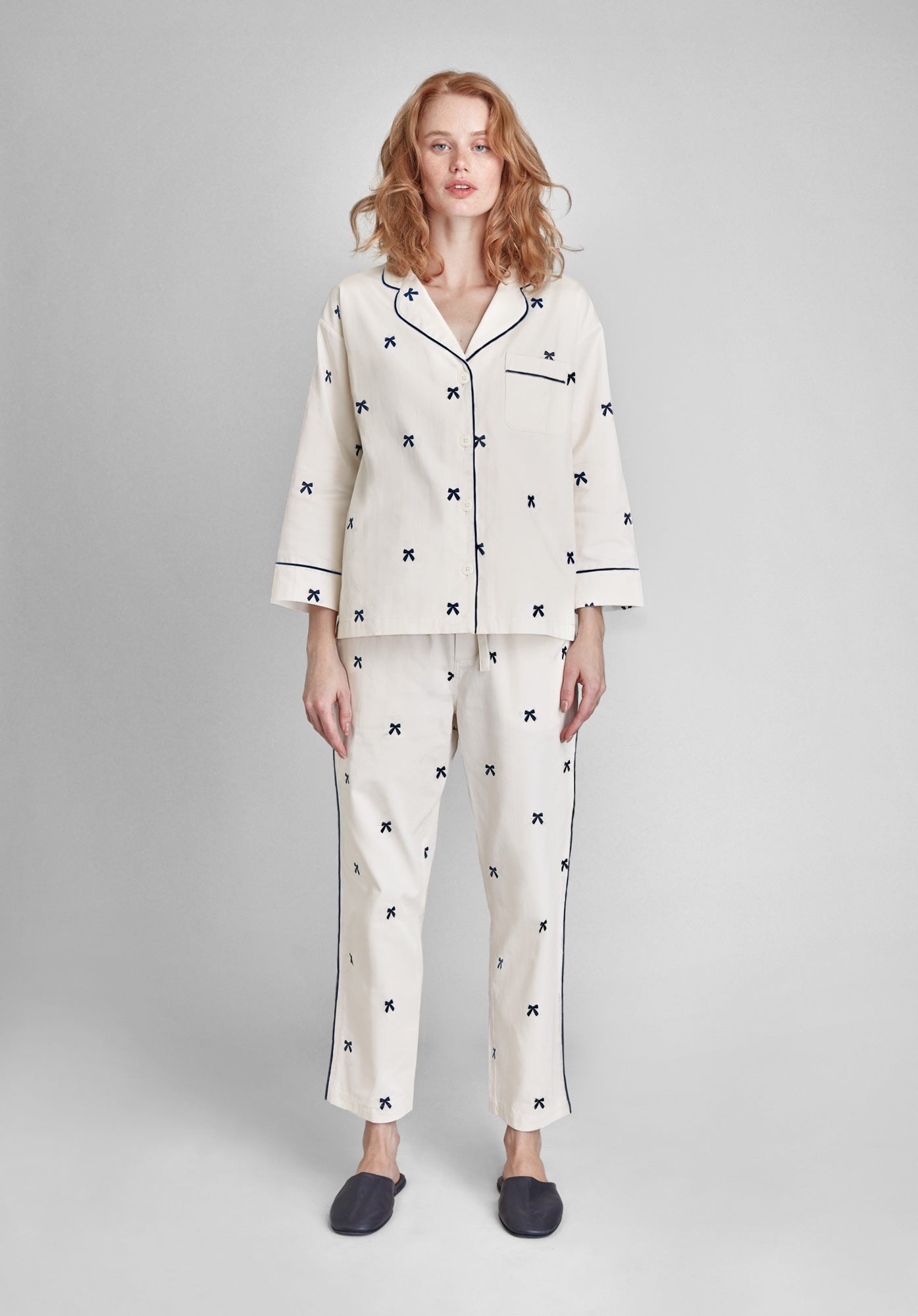 Navy Blue Embroidered Bow Pajama Set for Women - Soft Sleepwear & Lounge Outfit for Cozy Nights and Relaxing at Home