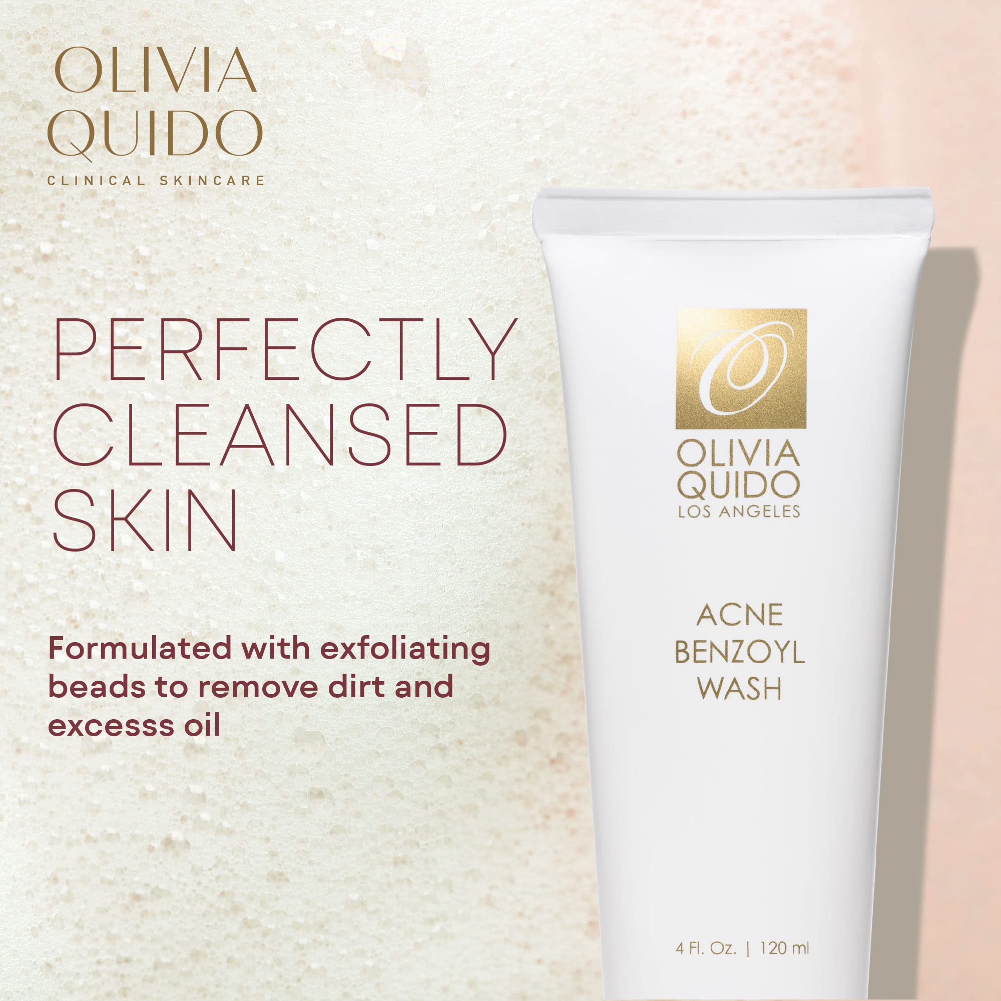 OLIVIA QUIDO Clinical Acne Face Wash with 2.5% Benzoyl Peroxide & Hyaluronic Acid - 4oz Gentle Cleanser for Women & Men, Dermatologist-Tested Skincare for Acne-Prone Skin | Daily Use for Clear, Hydrated Complexion