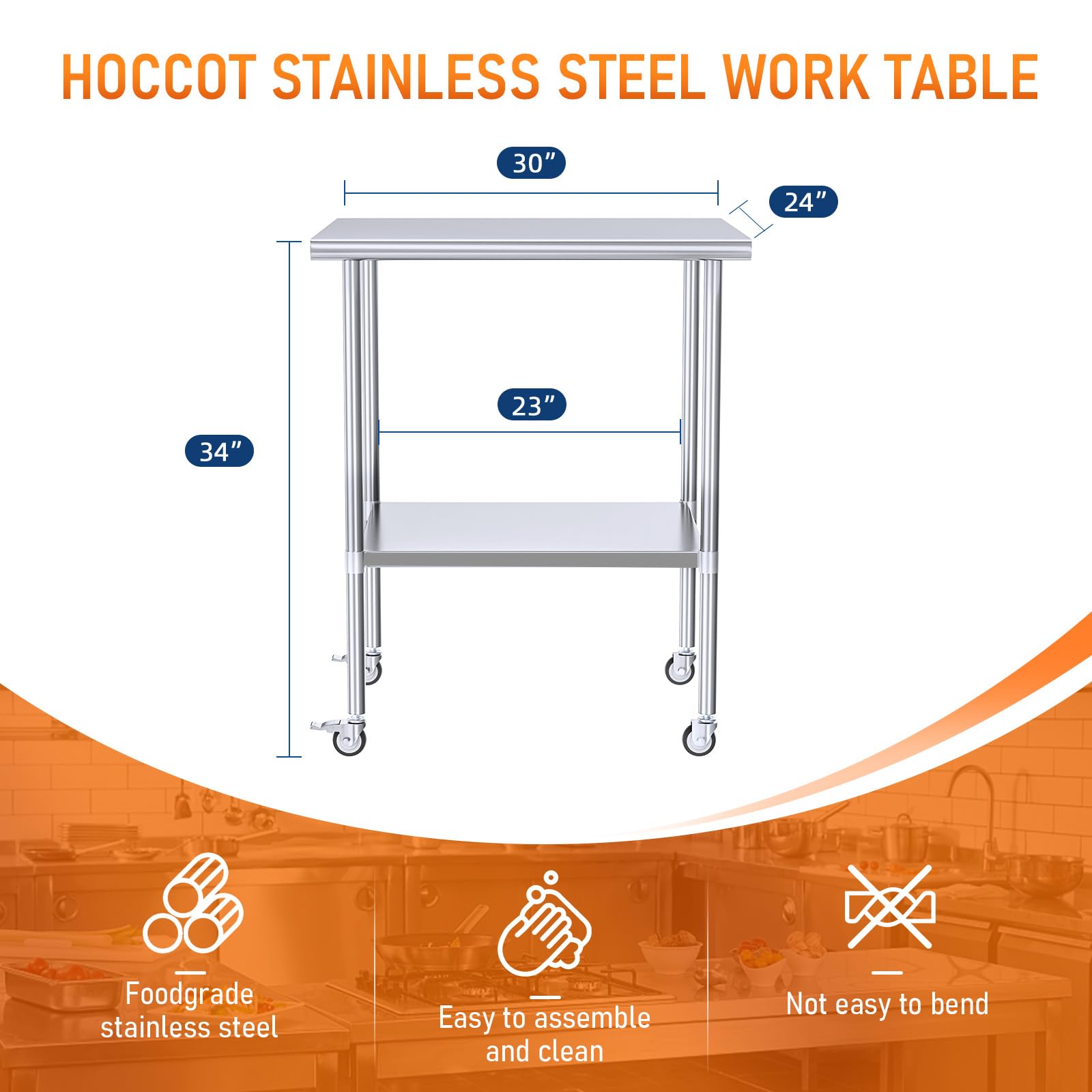 Stainless Steel Prep & Work Table with Adjustable Shelf & Wheels - 24