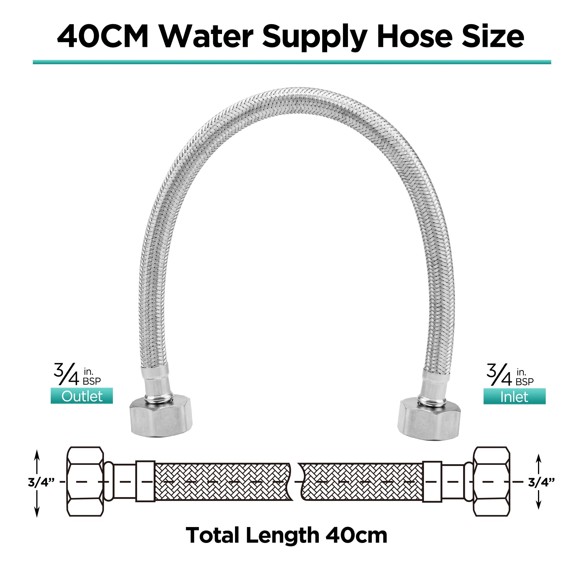 LEADAHEAD 1.9cm x 1.9cm Flexible Hose Connectors, 40cm Long BSP Fitting, Stainless Steel Hydraulic Hose Replacement for DIY Plumbing - Perfect for Bathroom, Kitchen & Boiler Repairs