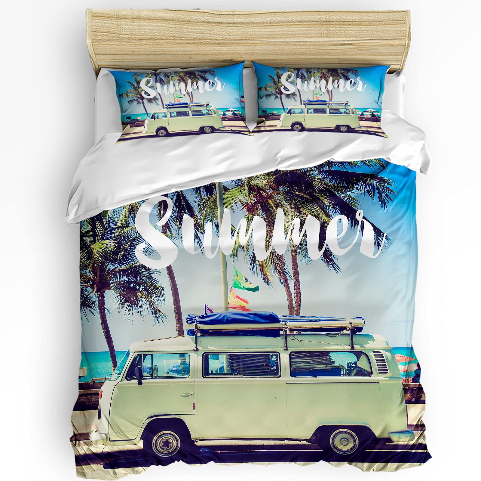 Microfiber Twin Duvet Cover Set with 2 Pillow Shams - Coastal Beach Palm Tree Surfboard Design - Soft Comfortable Aesthetic Bedding for Teens Boys Girls - Perfect for Summer, Camping, Boho Room Decor & Vacation Homes