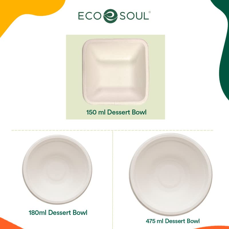 ECO SOUL 150ml (5oz) 50-Pack Biodegradable Sugarcane Bowls - Eco-Friendly Disposable Square Bowls for Snacks, Salads, Parties, Weddings & Events | Microwave & Freezer Safe | Perfect for Home, Restaurant & Catering Use