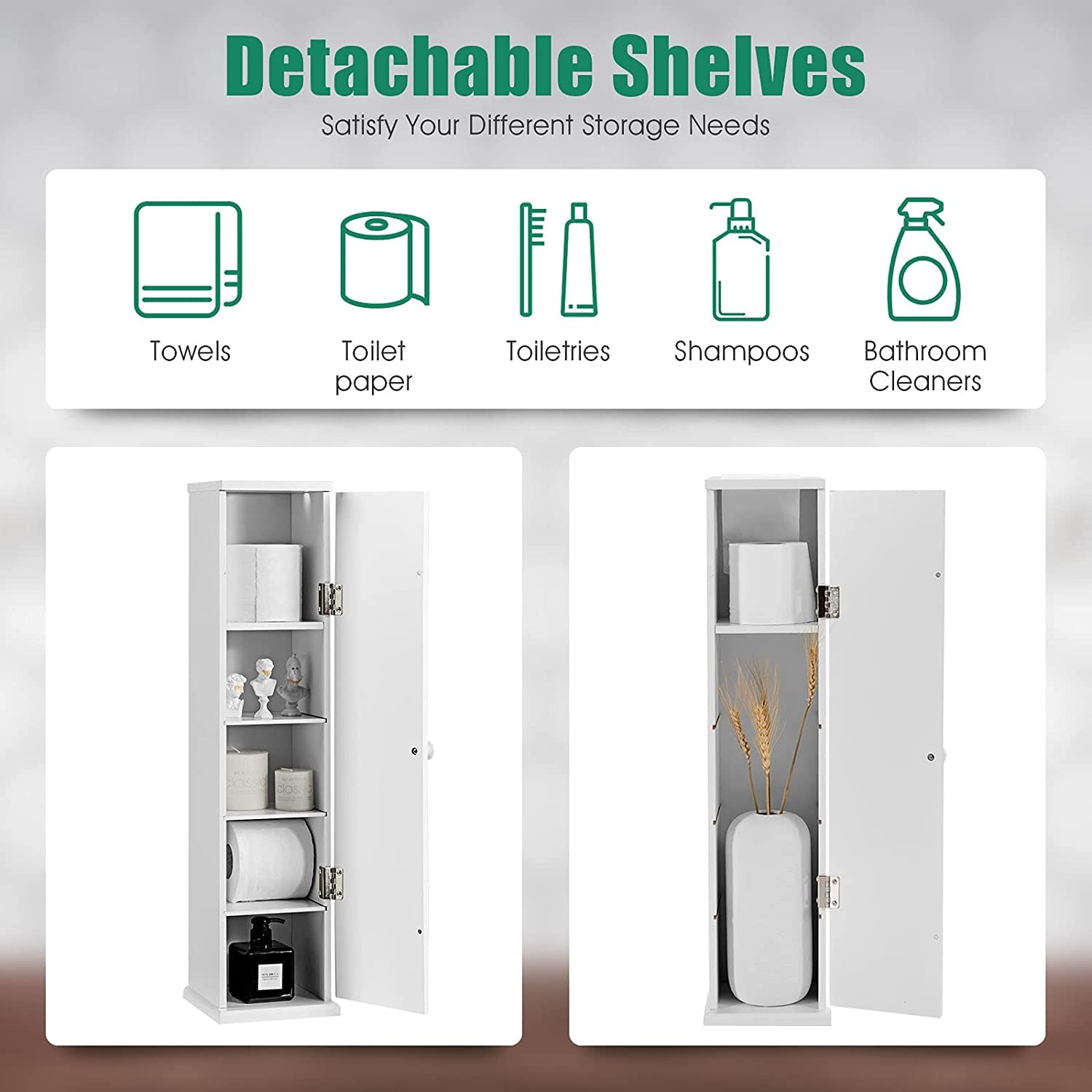 LUARANE Toilet Paper Storage Tower - Free Standing 4-Tier Bathroom Organizer with Detachable Shelves & Door - White Floor Cabinet for Toilet Paper, Towels & Bath Essentials - Perfect for Small Bathrooms, Apartments & Kitchen Storage