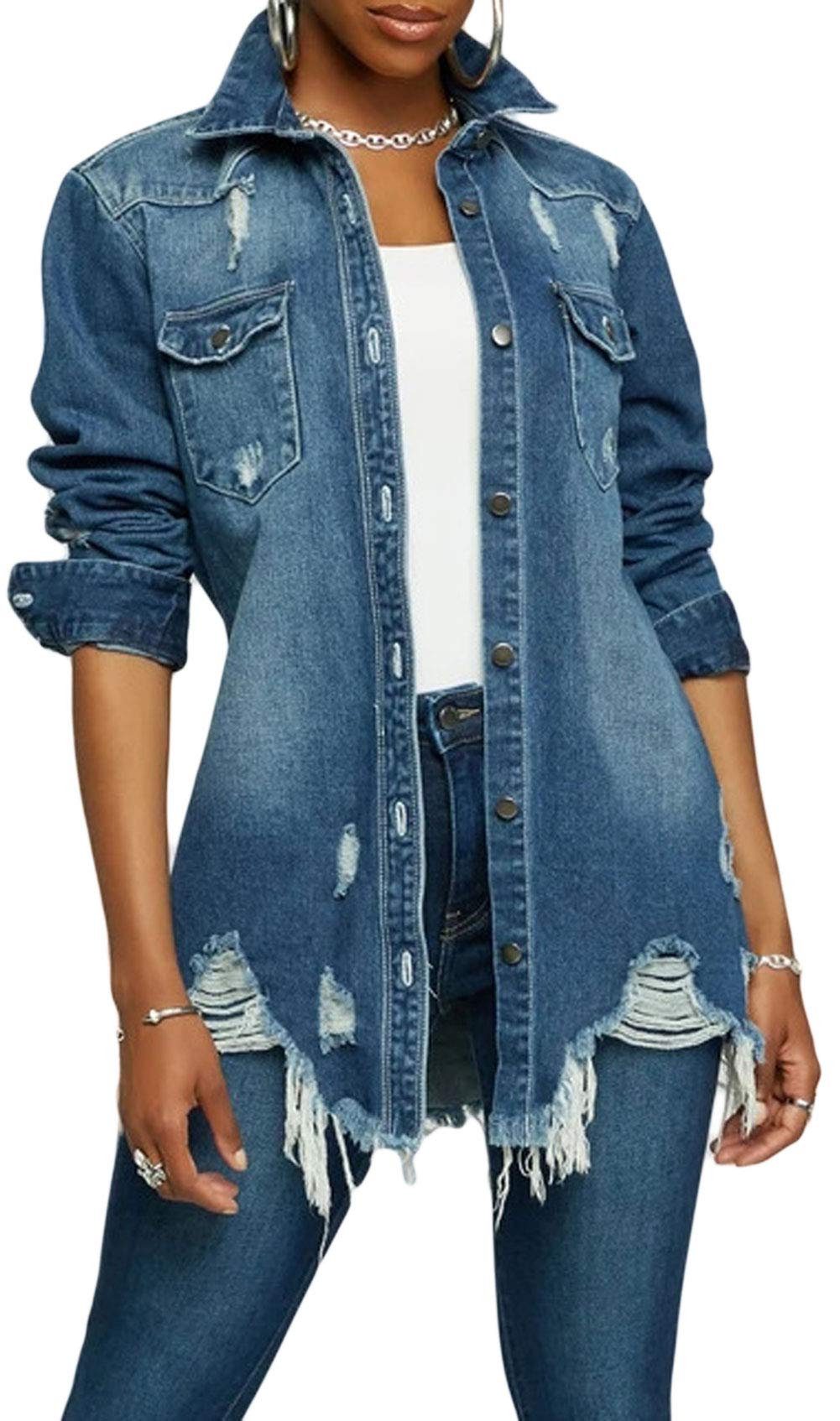 CHARTOU Women's Distressed Ripped Raw Hem Denim Shirt Jacket - Vintage Boho Button Down Top for Casual Outfits & Music Festivals