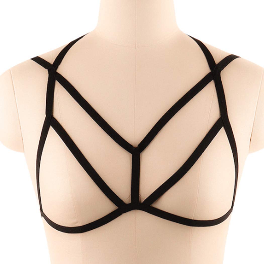 Gothic Punk Style Elastic Harness Bra Body Chain - Women's Cage Lingerie Belt for BDSM, Clubwear & Festival Fashion (Black)