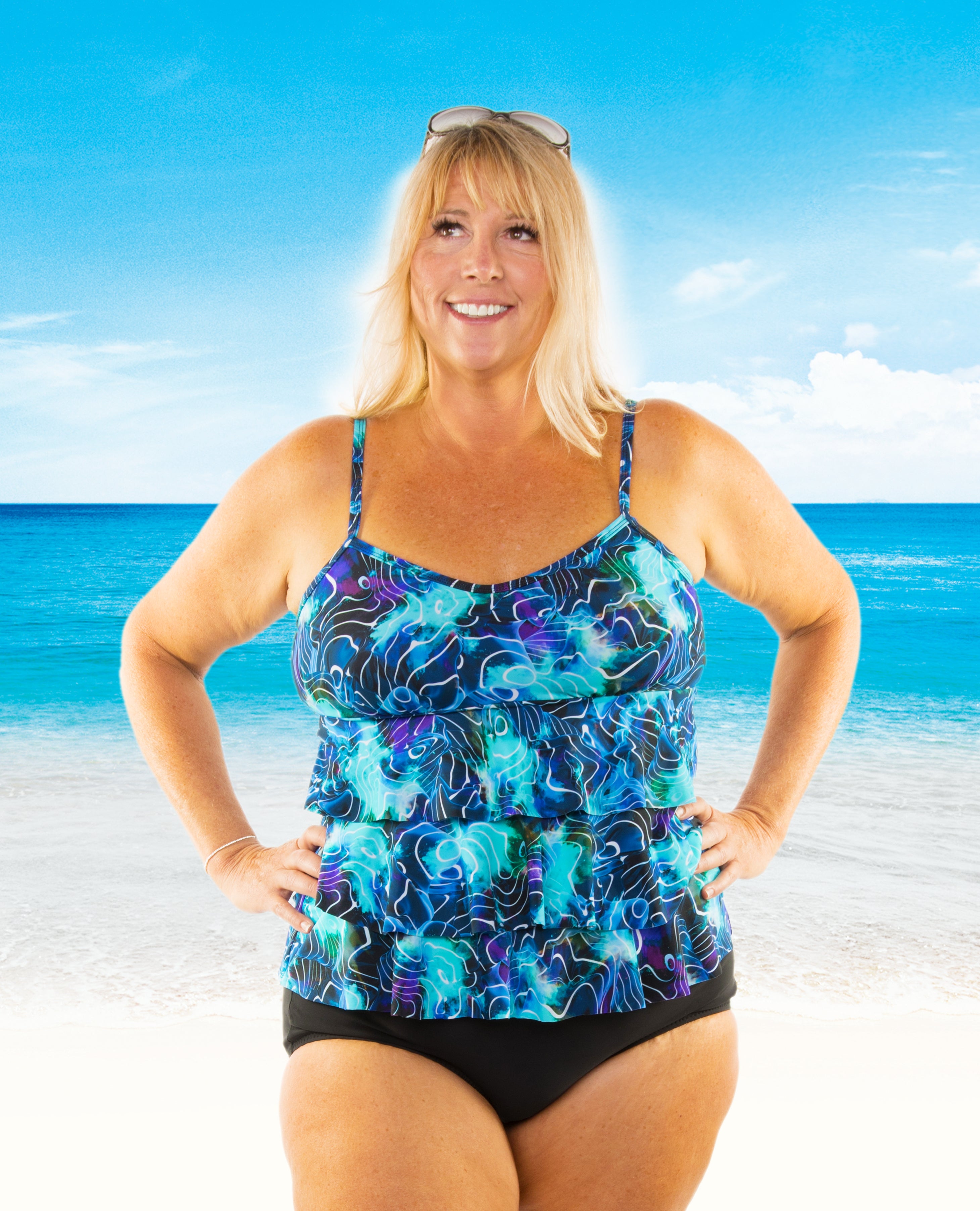 Stylish NEW Triple Tier Tankini Swimsuit - Electric Ocean Print for Women | Perfect for Beach Vacations, Pool Parties & Summer Getaways