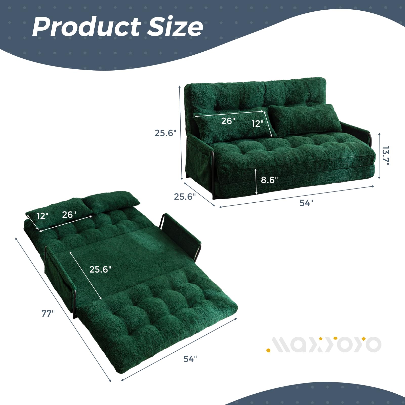 MAXYOYO Adjustable Floor Sofa Couch with 2 Pillows - Boucle Convertible Lazy Sofa Sleeper Bed with Armrest - Double Size Green Sectional for Living Room, Bedroom & Small Spaces