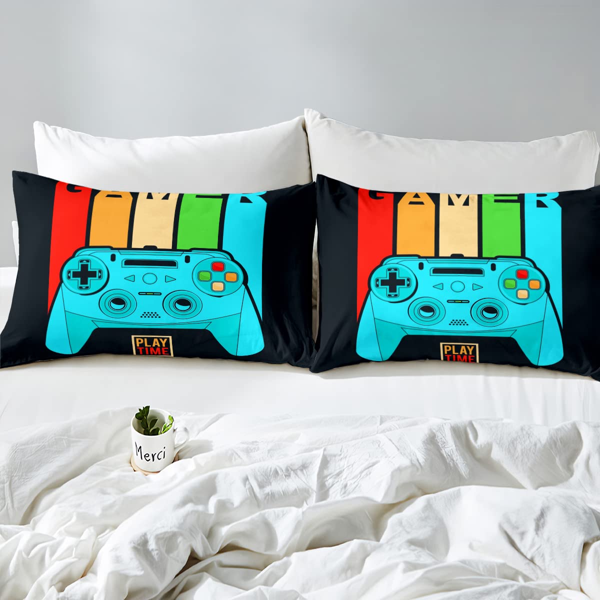 Boys Video Game Bed Sheets Set - Soft Lightweight PC Gamer Bedding with Rainbow Stripes & Controller Design, Includes 1 Flat Sheet, 1 Fitted Sheet & 1 Pillowcase - Perfect for Gaming Rooms, Teen Bedrooms, Dorm Decor & Sleepovers