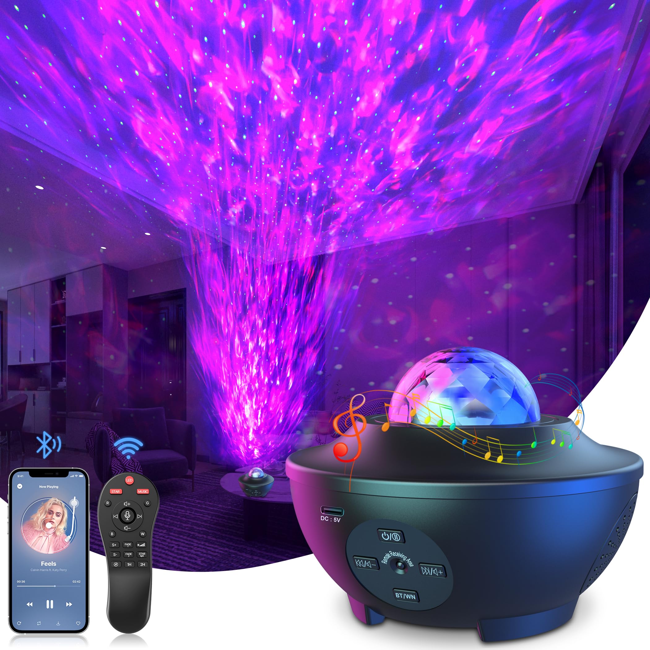 Mexllex Galaxy Projector - Bluetooth Star Projector with Remote Control, Timer & Color Changing LED Night Light for Kids & Adults - Perfect for Bedroom, Nursery, Party & Relaxation
