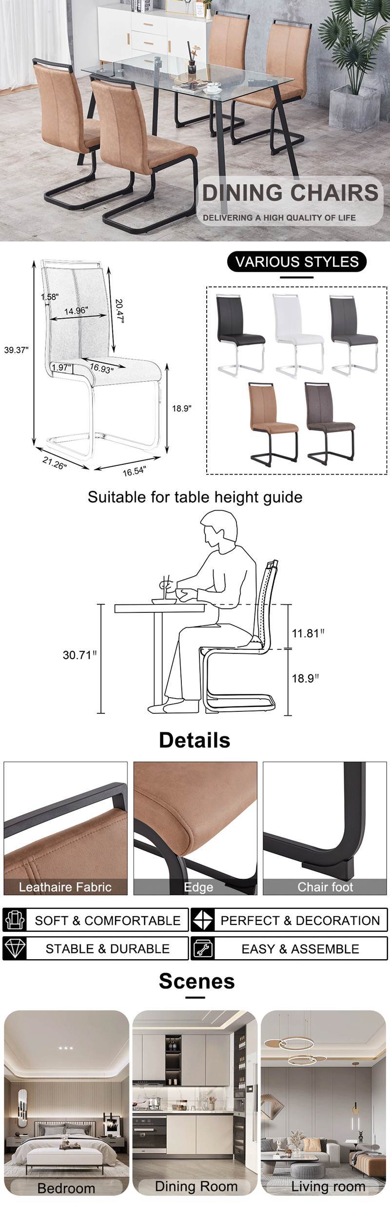 High Back Upholstered Dining Chairs Set of 2 - Modern Tech Fabric C-Shaped Tube Design with Black Metal Legs for Kitchen, Dining Room, Office, Patio & Guest Seating | Comfortable & Stylish Brown Chairs for Home Decor